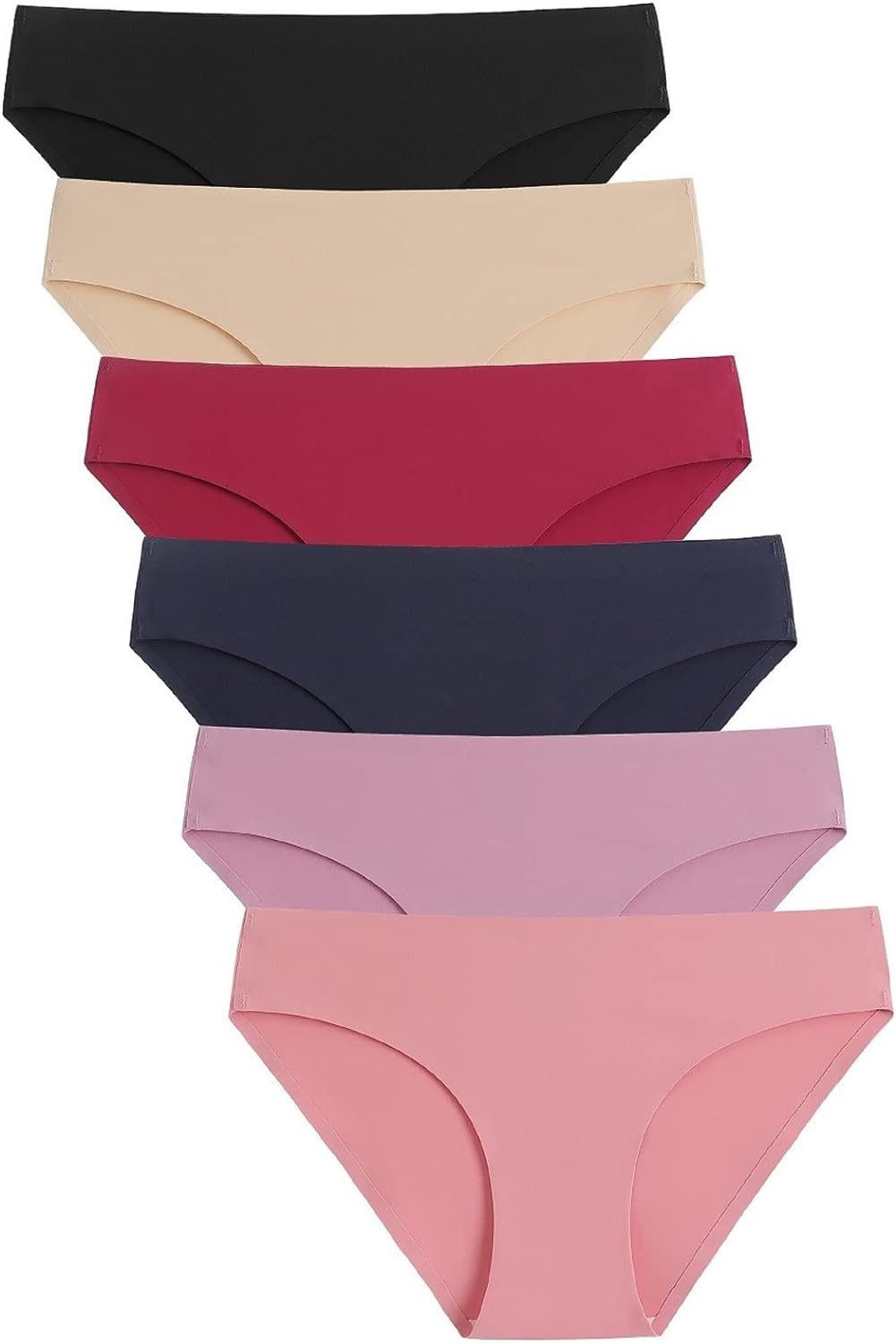 Caterlove Women's Seamless Underwear No Show Bikini Panties 6 Pack | Invisible Breathable Comfortable Briefs, Soft Stretchy Silky Touch Fabric, Low Rise Hipster for Gym Work Daily
