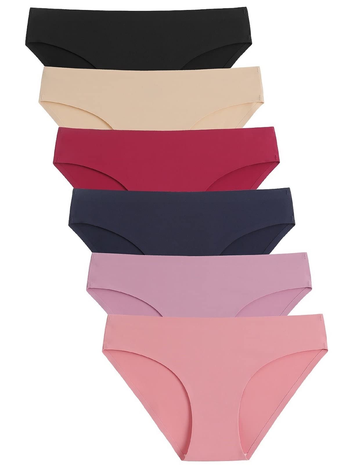 Caterlove Women's Seamless Underwear No Show Bikini Panties 6 Pack | Invisible Breathable Comfortable Briefs, Soft Stretchy Silky Touch Fabric, Low Rise Hipster for Gym Work Daily