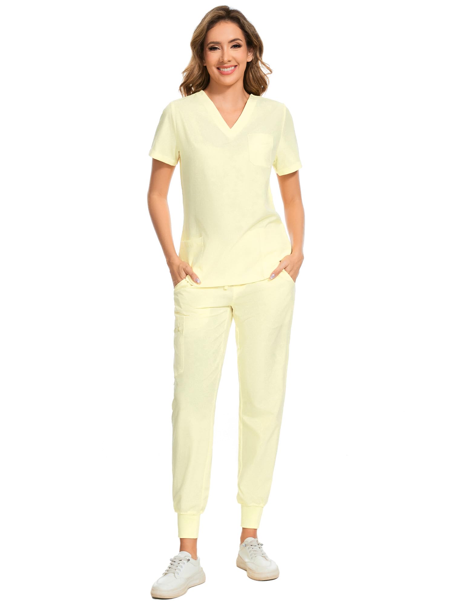 COZYFIT Scrubs for Women Set - Stretch V-Neck & Jogger Pant with 9 Pockets | Yoga Waistband, Water Resistant Workwear, Slim Fit Look, For Nurses, Clinics, Long Shifts, Daily Medical Uniforms