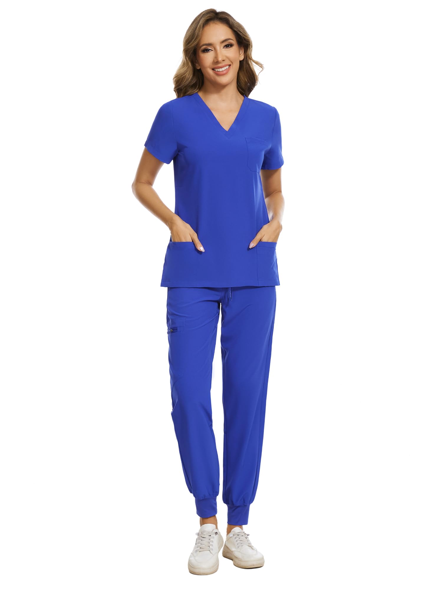 COZYFIT Scrubs for Women Set - Stretch V-Neck & Jogger Pant with 9 Pockets | Yoga Waistband, Water Resistant Workwear, Slim Fit Look, For Nurses, Clinics, Long Shifts, Daily Medical Uniforms