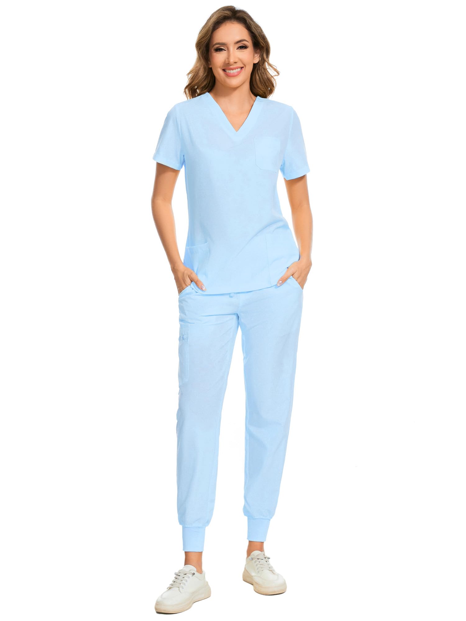 COZYFIT Scrubs for Women Set - Stretch V-Neck & Jogger Pant with 9 Pockets | Yoga Waistband, Water Resistant Workwear, Slim Fit Look, For Nurses, Clinics, Long Shifts, Daily Medical Uniforms