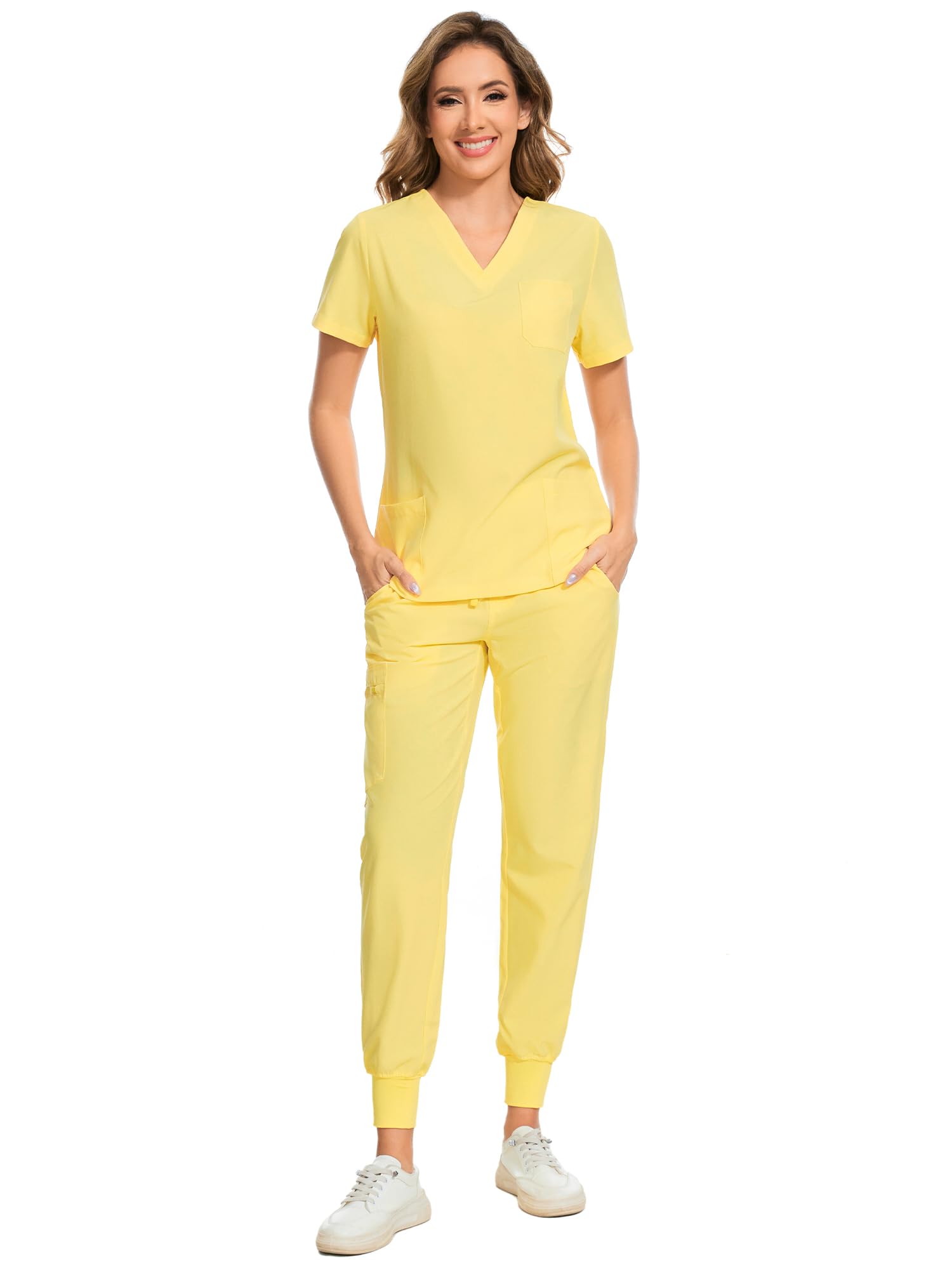 COZYFIT Scrubs for Women Set - Stretch V-Neck & Jogger Pant with 9 Pockets | Yoga Waistband, Water Resistant Workwear, Slim Fit Look, For Nurses, Clinics, Long Shifts, Daily Medical Uniforms