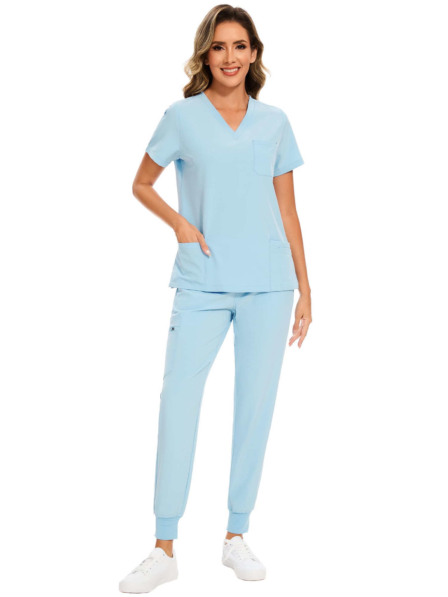 COZYFIT Scrubs for Women Set - Stretch V-Neck & Jogger Pant with 9 Pockets | Yoga Waistband, Water Resistant Workwear, Slim Fit Look, For Nurses, Clinics, Long Shifts, Daily Medical Uniforms