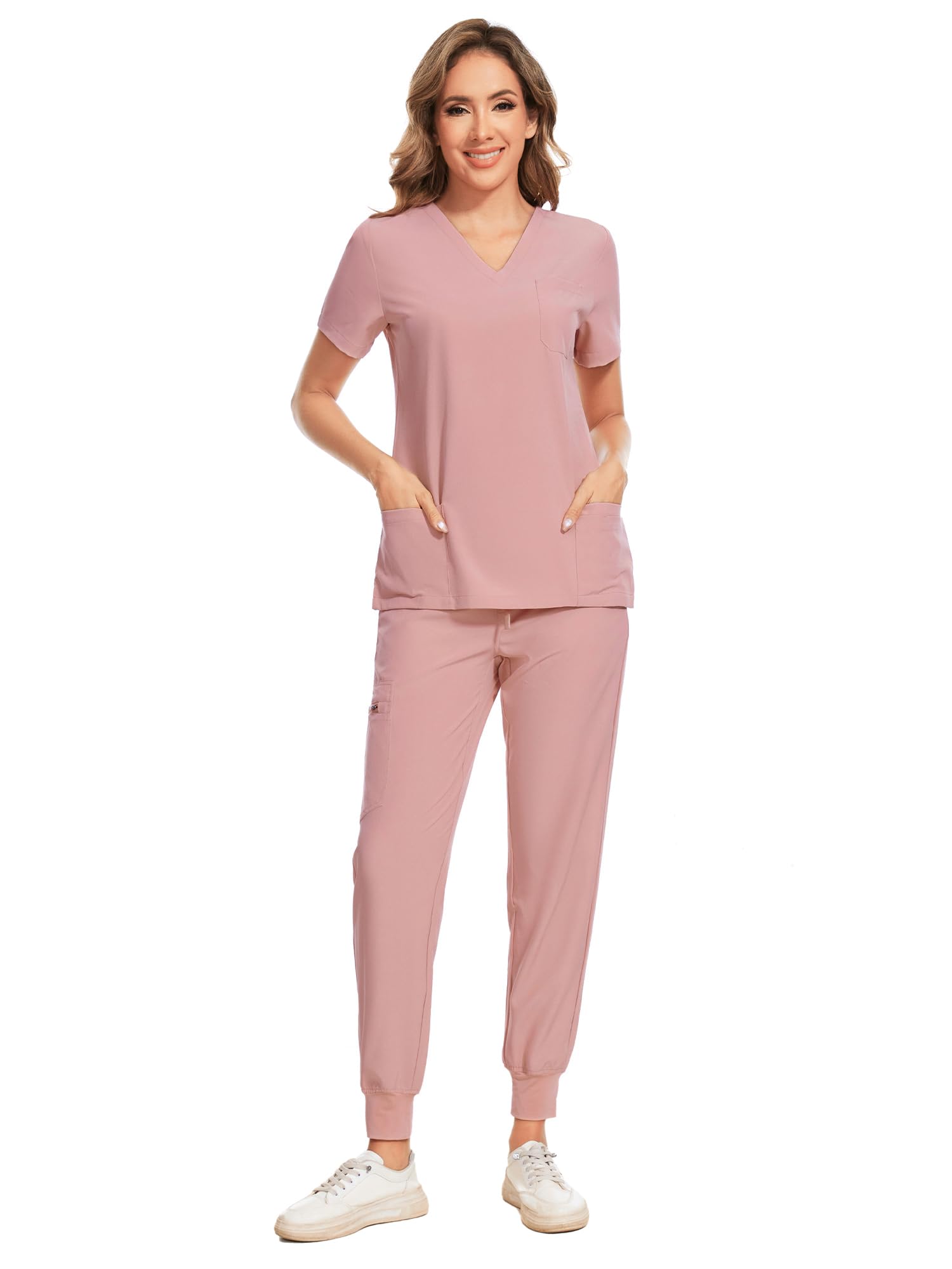 COZYFIT Scrubs for Women Set - Stretch V-Neck & Jogger Pant with 9 Pockets | Yoga Waistband, Water Resistant Workwear, Slim Fit Look, For Nurses, Clinics, Long Shifts, Daily Medical Uniforms