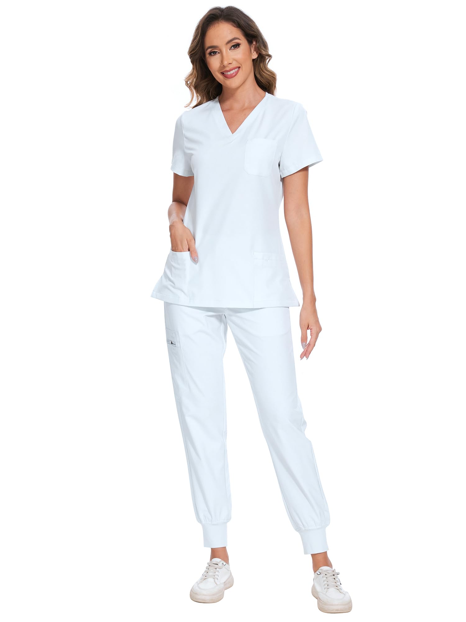 COZYFIT Scrubs for Women Set - Stretch V-Neck & Jogger Pant with 9 Pockets | Yoga Waistband, Water Resistant Workwear, Slim Fit Look, For Nurses, Clinics, Long Shifts, Daily Medical Uniforms