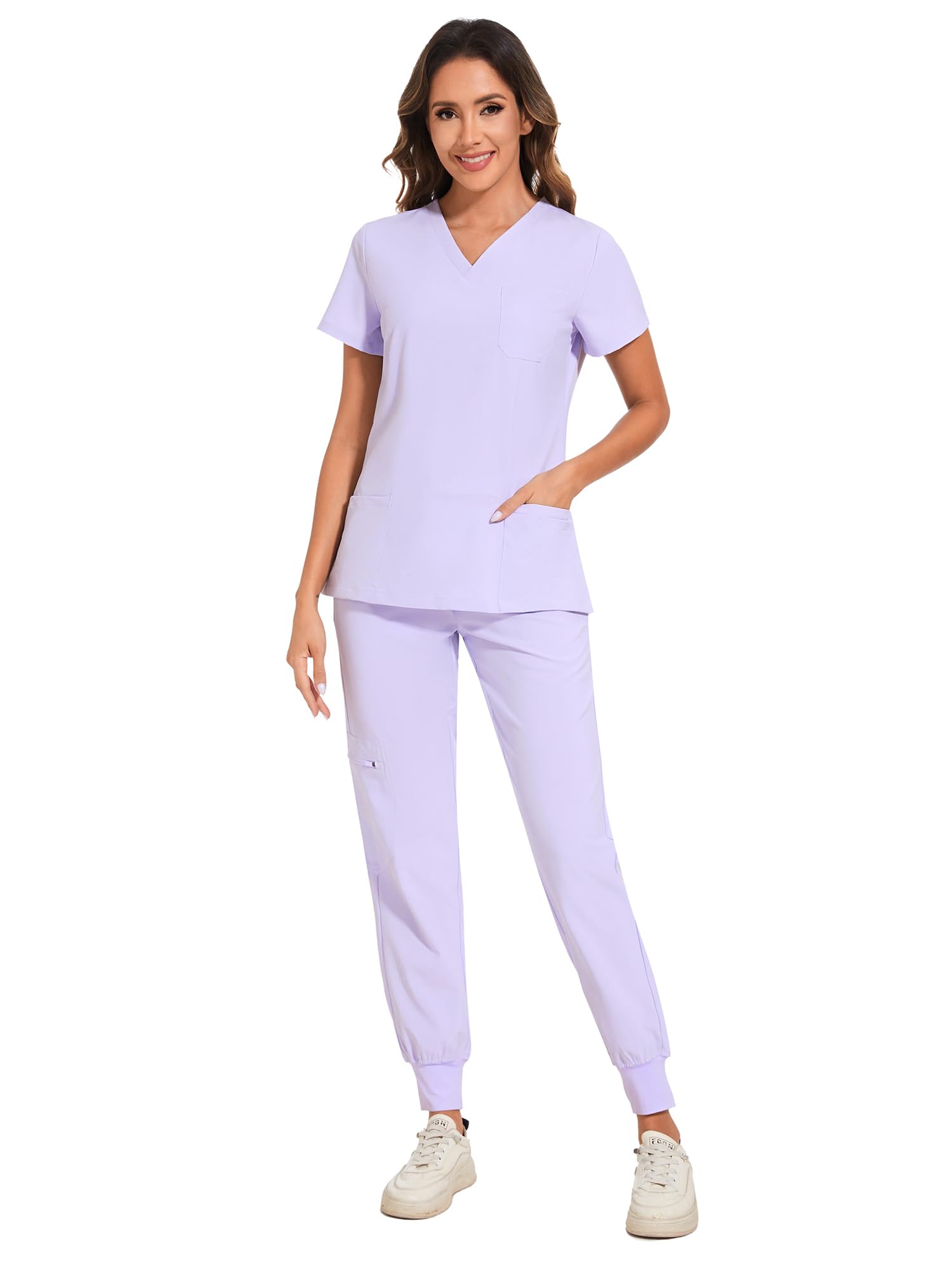 COZYFIT Scrubs for Women Set - Stretch V-Neck & Jogger Pant with 9 Pockets | Yoga Waistband, Water Resistant Workwear, Slim Fit Look, For Nurses, Clinics, Long Shifts, Daily Medical Uniforms