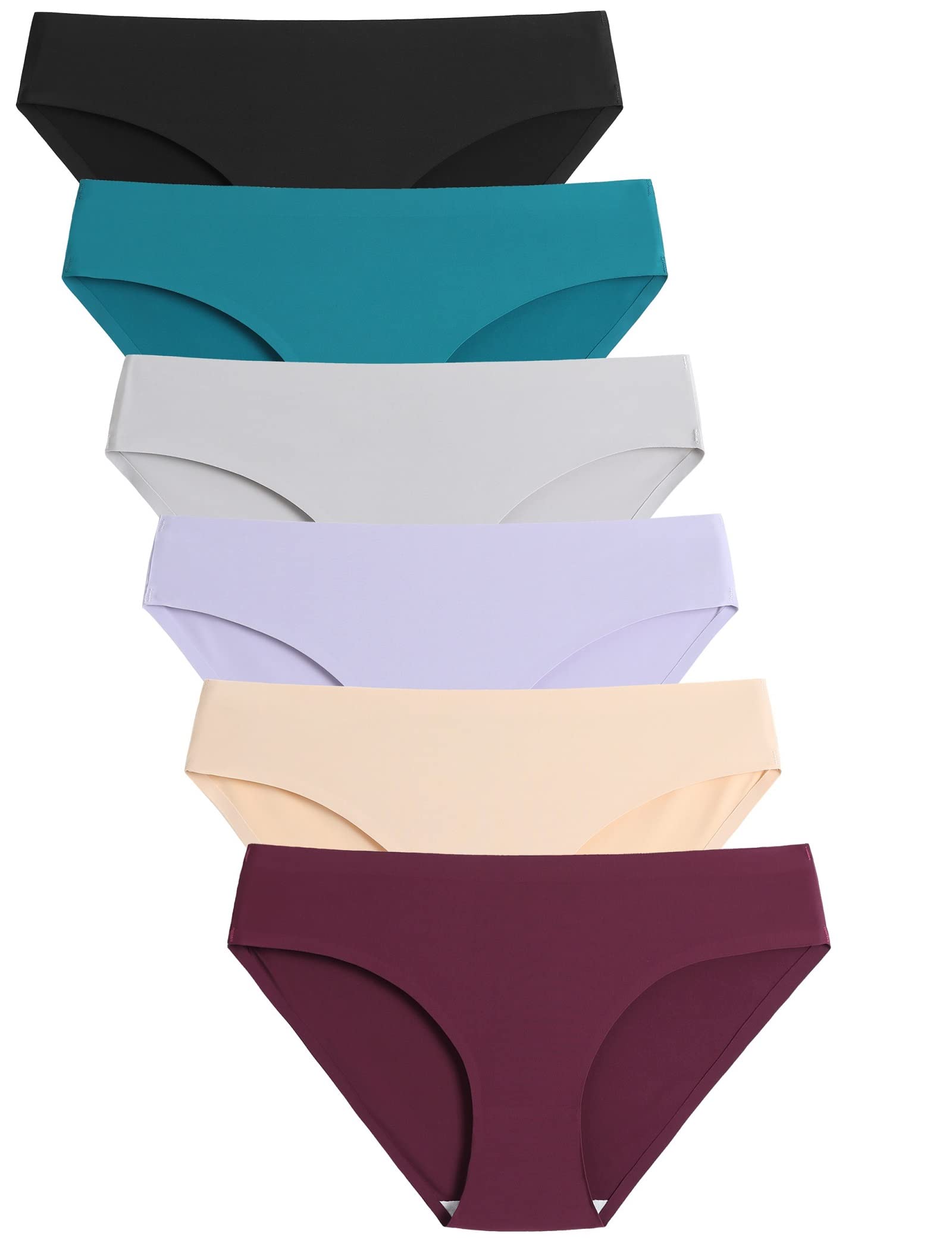 Caterlove Women's Seamless Underwear No Show Bikini Panties 6 Pack | Invisible Breathable Comfortable Briefs, Soft Stretchy Silky Touch Fabric, Low Rise Hipster for Gym Work Daily
