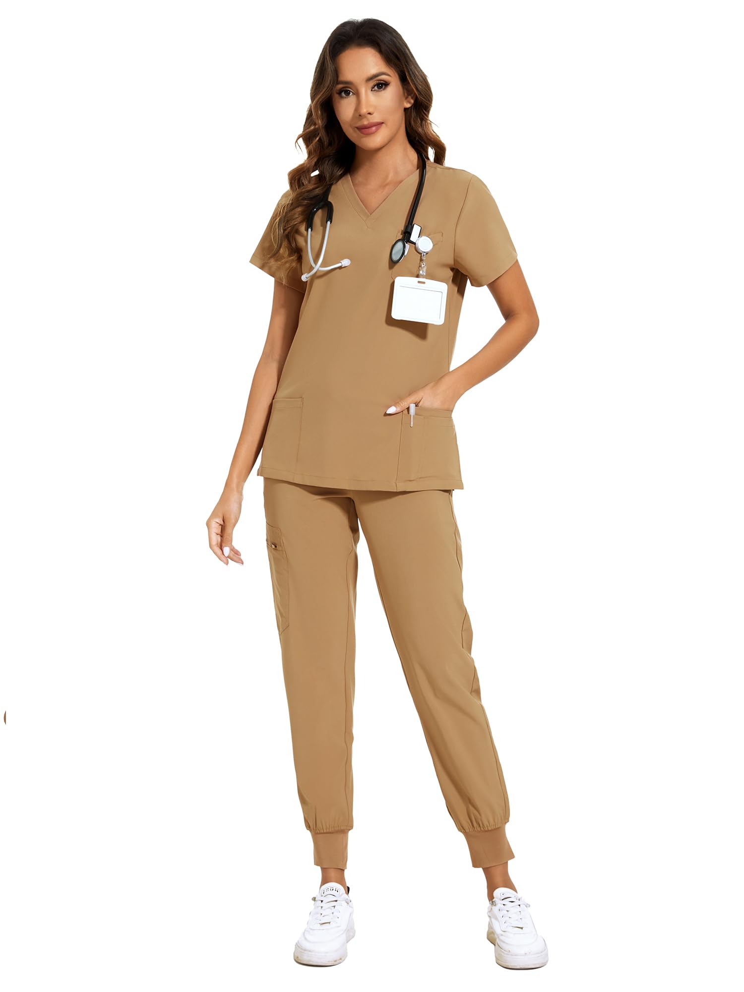 COZYFIT Scrubs for Women Set - Stretch V-Neck & Jogger Pant with 9 Pockets | Yoga Waistband, Water Resistant Workwear, Slim Fit Look, For Nurses, Clinics, Long Shifts, Daily Medical Uniforms