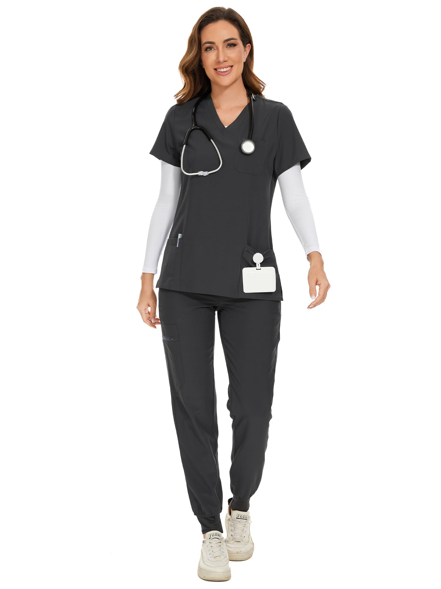 COZYFIT Scrubs for Women Set - Stretch V-Neck & Jogger Pant with 9 Pockets | Yoga Waistband, Water Resistant Workwear, Slim Fit Look, For Nurses, Clinics, Long Shifts, Daily Medical Uniforms
