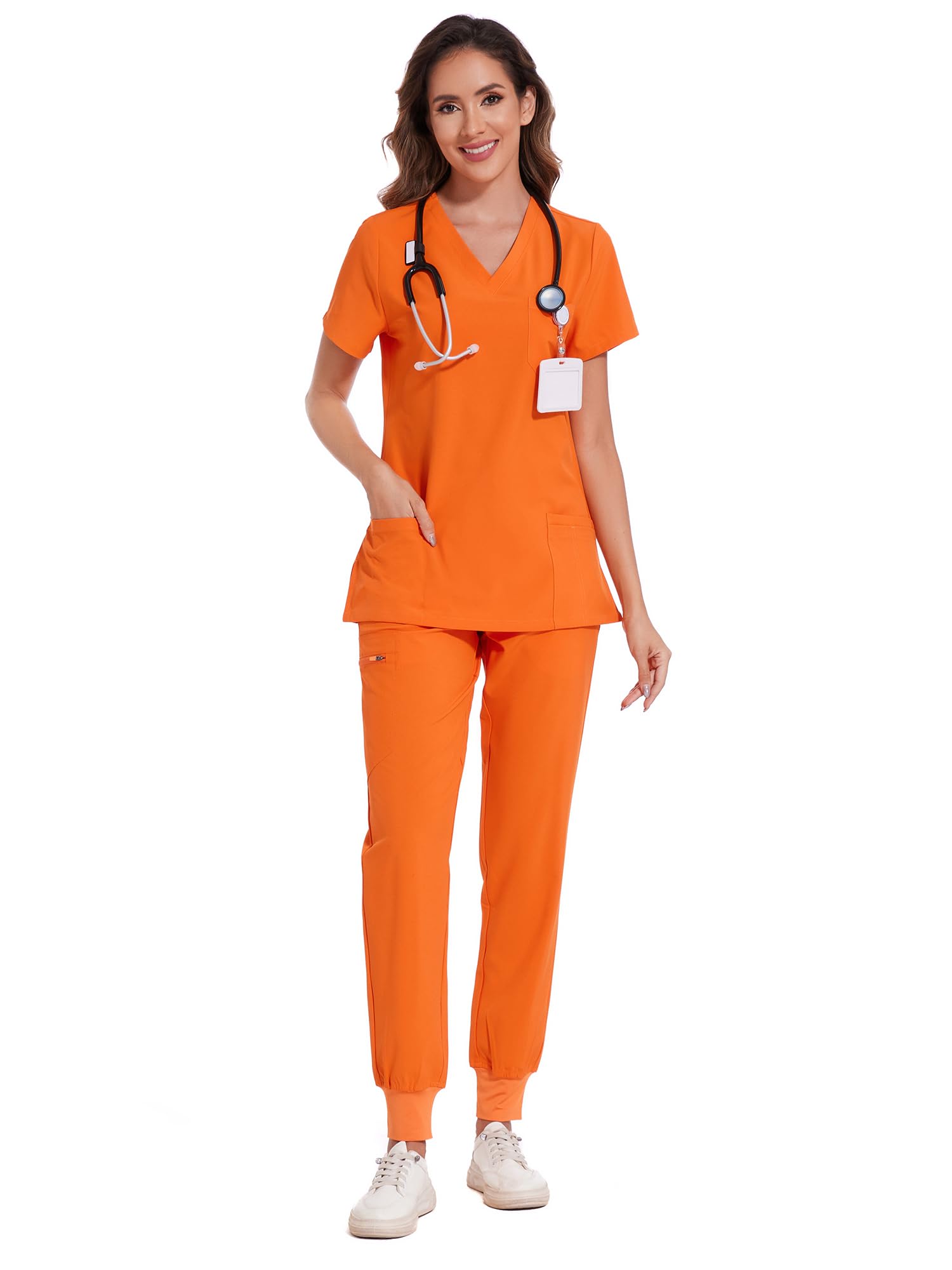 COZYFIT Scrubs for Women Set - Stretch V-Neck & Jogger Pant with 9 Pockets | Yoga Waistband, Water Resistant Workwear, Slim Fit Look, For Nurses, Clinics, Long Shifts, Daily Medical Uniforms