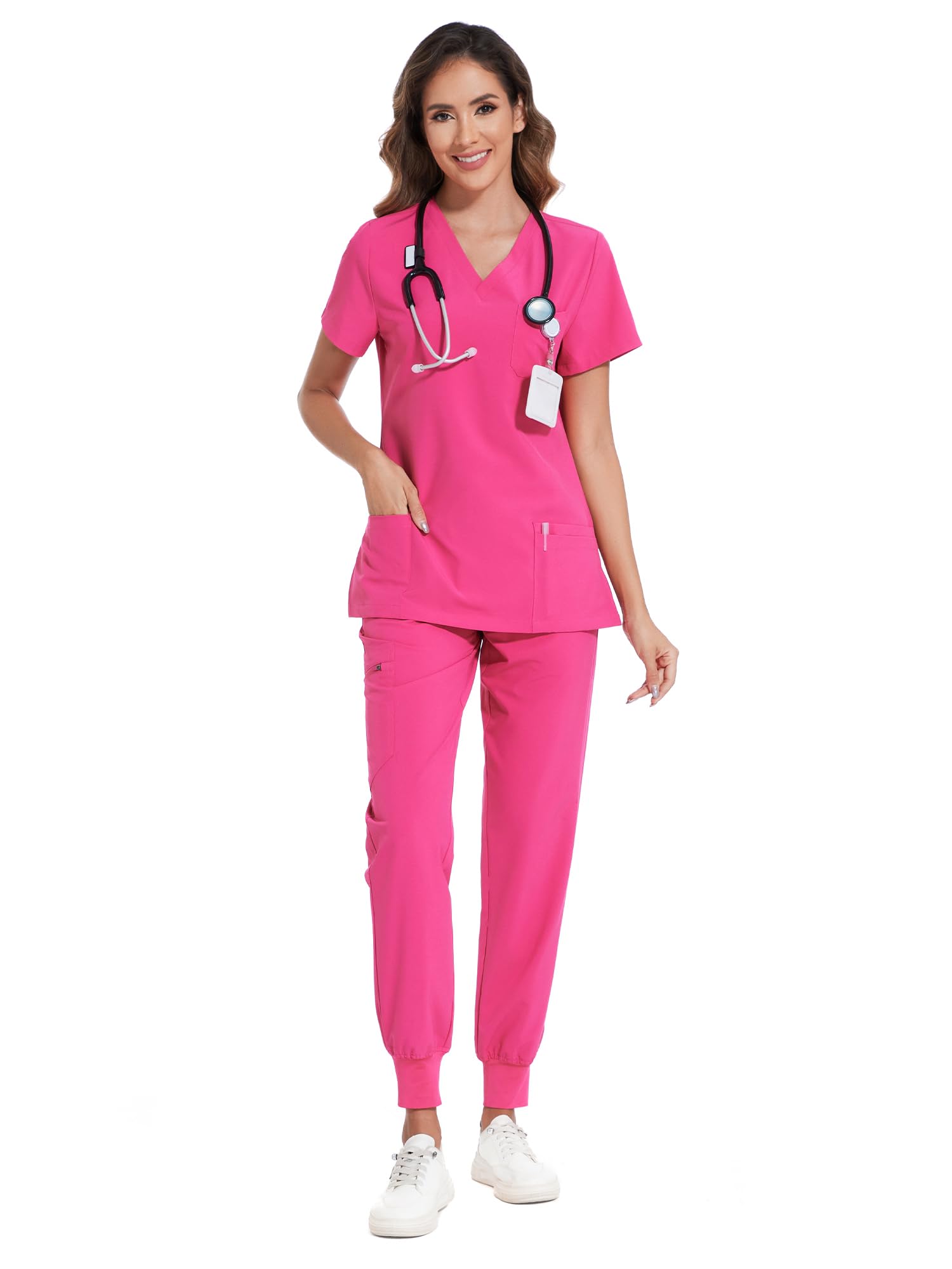 COZYFIT Scrubs for Women Set - Stretch V-Neck & Jogger Pant with 9 Pockets | Yoga Waistband, Water Resistant Workwear, Slim Fit Look, For Nurses, Clinics, Long Shifts, Daily Medical Uniforms