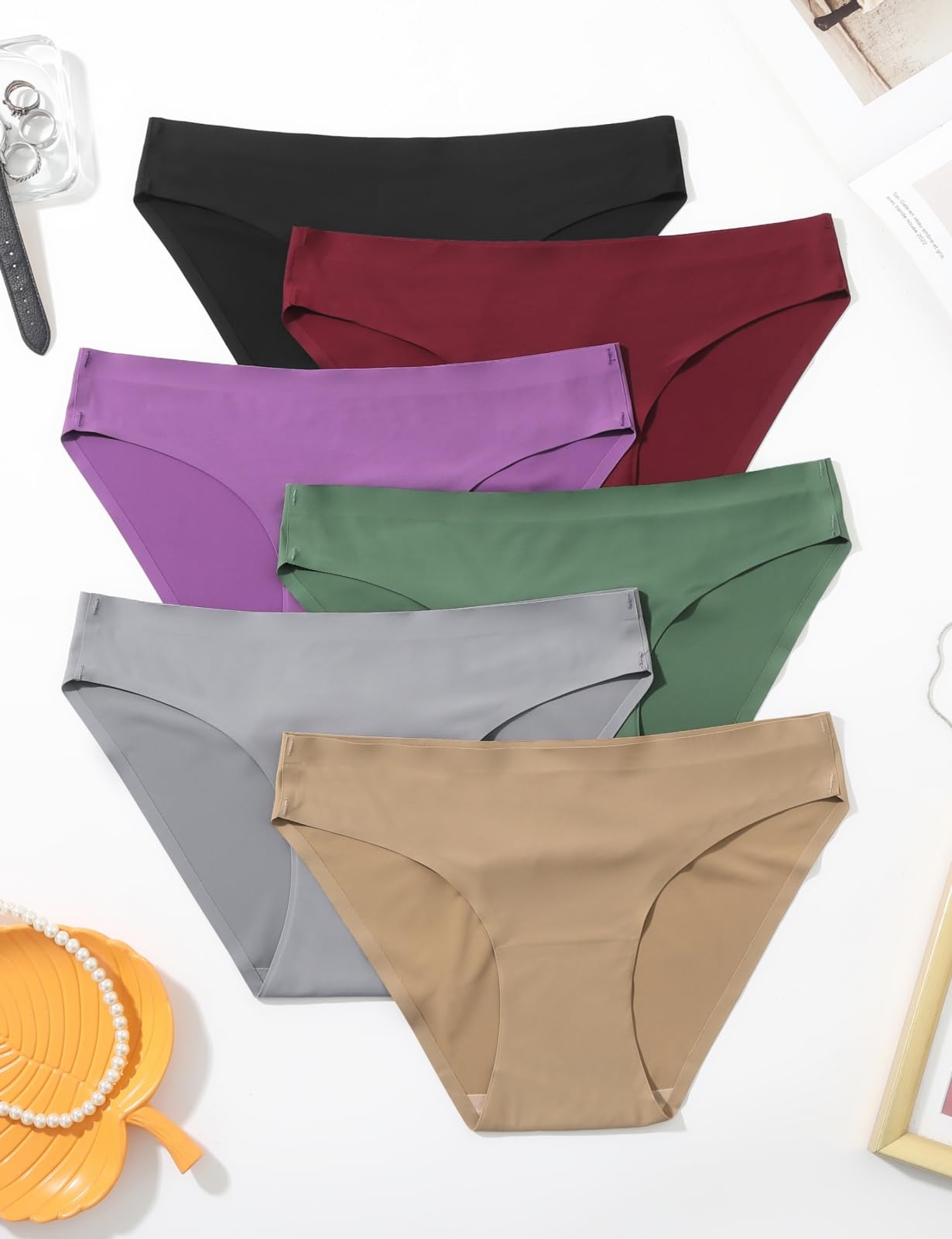 Caterlove Women's Seamless Underwear No Show Bikini Panties 6 Pack | Invisible Breathable Comfortable Briefs, Soft Stretchy Silky Touch Fabric, Low Rise Hipster for Gym Work Daily