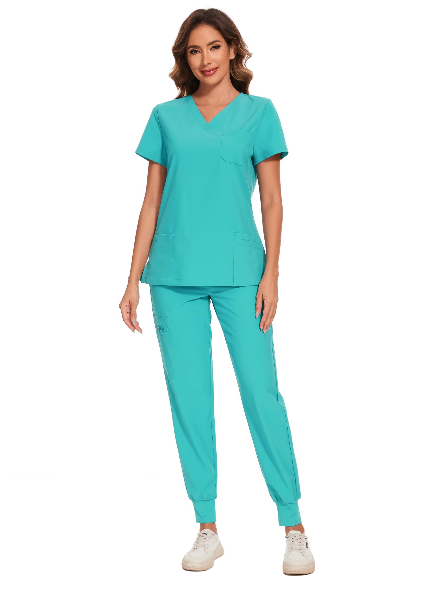 COZYFIT Scrubs for Women Set - Stretch V-Neck & Jogger Pant with 9 Pockets | Yoga Waistband, Water Resistant Workwear, Slim Fit Look, For Nurses, Clinics, Long Shifts, Daily Medical Uniforms