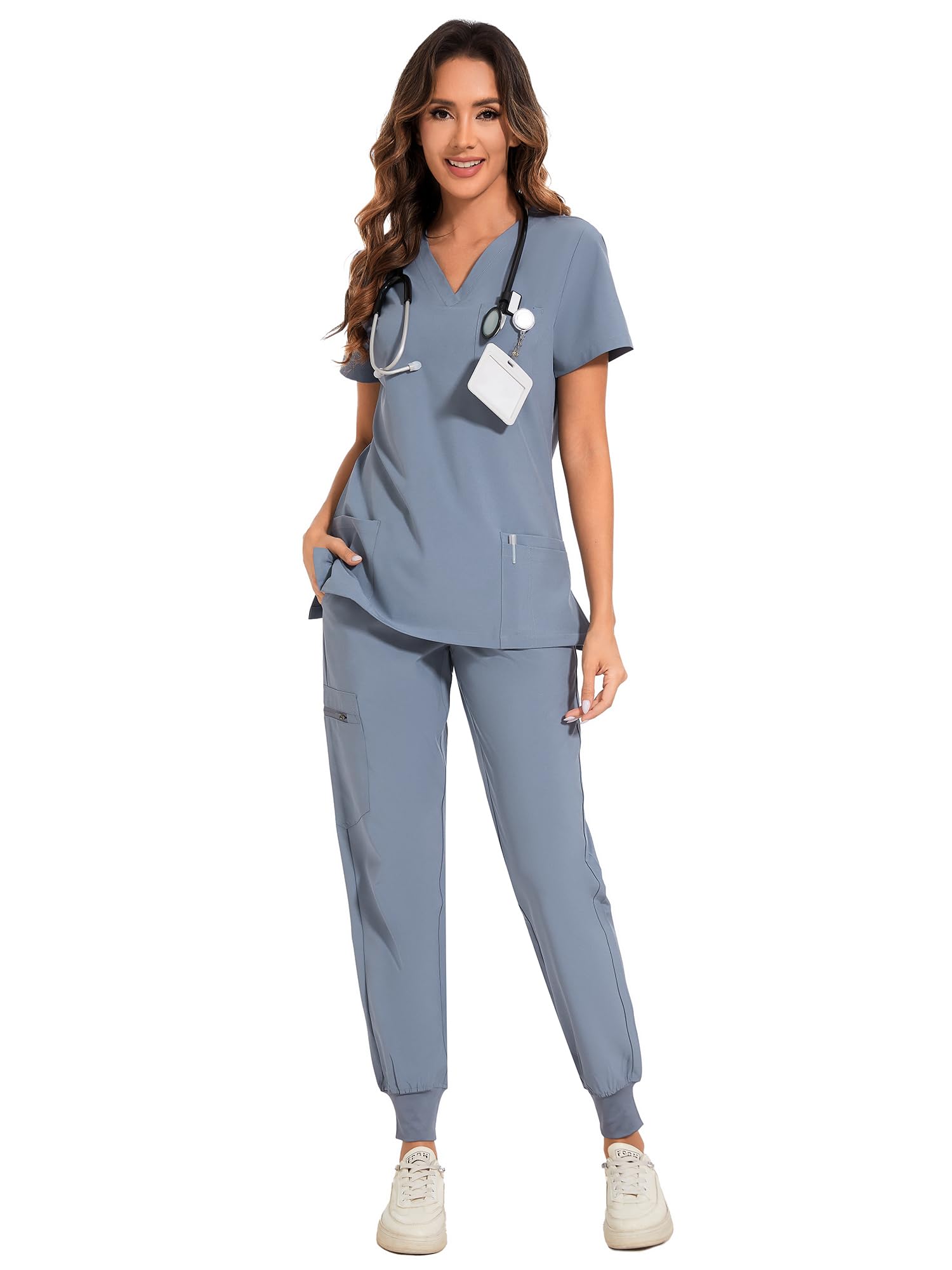 COZYFIT Scrubs for Women Set - Stretch V-Neck & Jogger Pant with 9 Pockets | Yoga Waistband, Water Resistant Workwear, Slim Fit Look, For Nurses, Clinics, Long Shifts, Daily Medical Uniforms