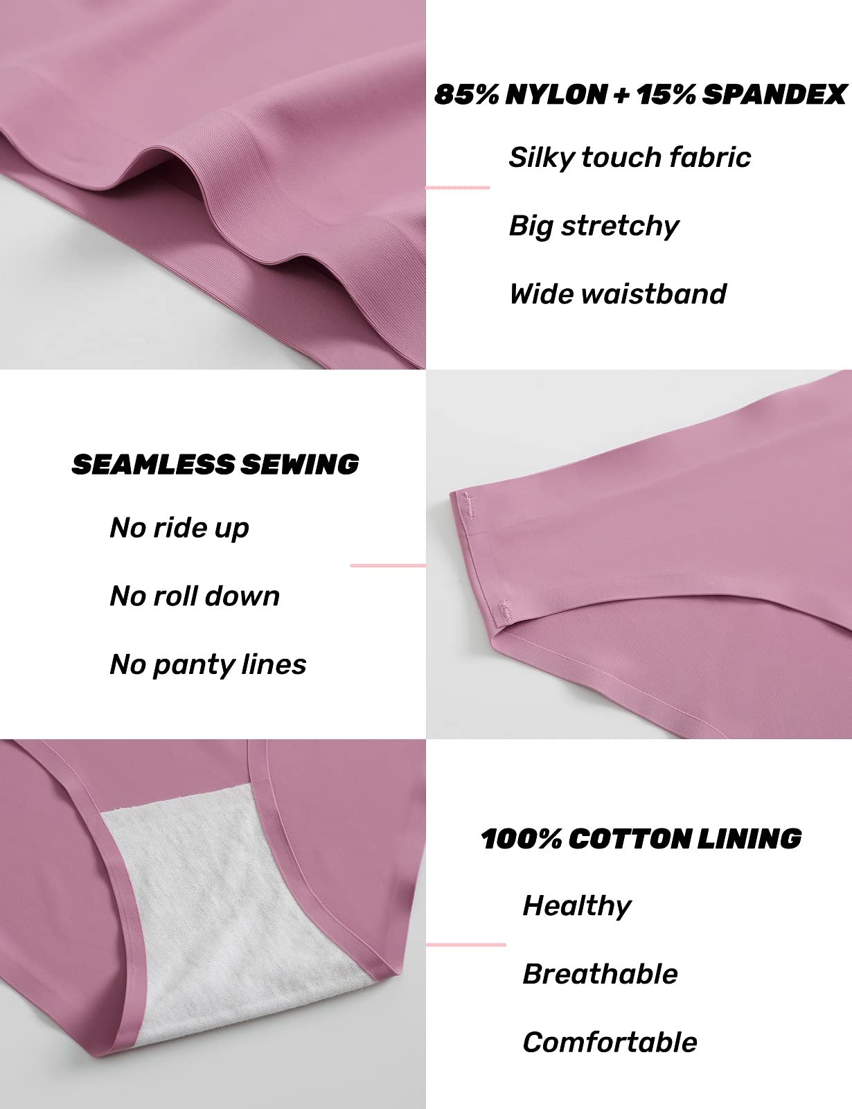Caterlove Women's Seamless Underwear No Show Bikini Panties 6 Pack | Invisible Breathable Comfortable Briefs, Soft Stretchy Silky Touch Fabric, Low Rise Hipster for Gym Work Daily
