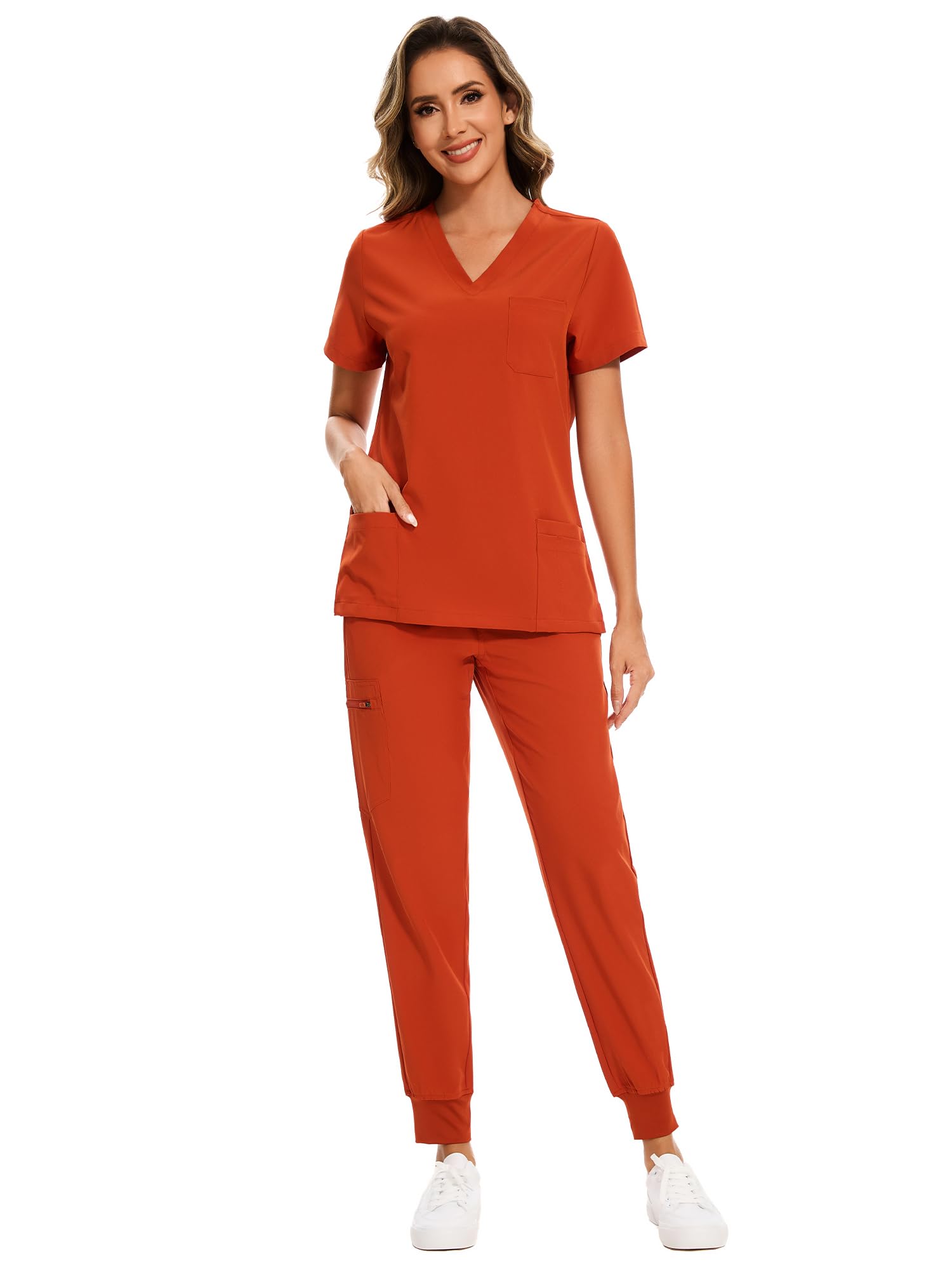 COZYFIT Scrubs for Women Set - Stretch V-Neck & Jogger Pant with 9 Pockets | Yoga Waistband, Water Resistant Workwear, Slim Fit Look, For Nurses, Clinics, Long Shifts, Daily Medical Uniforms