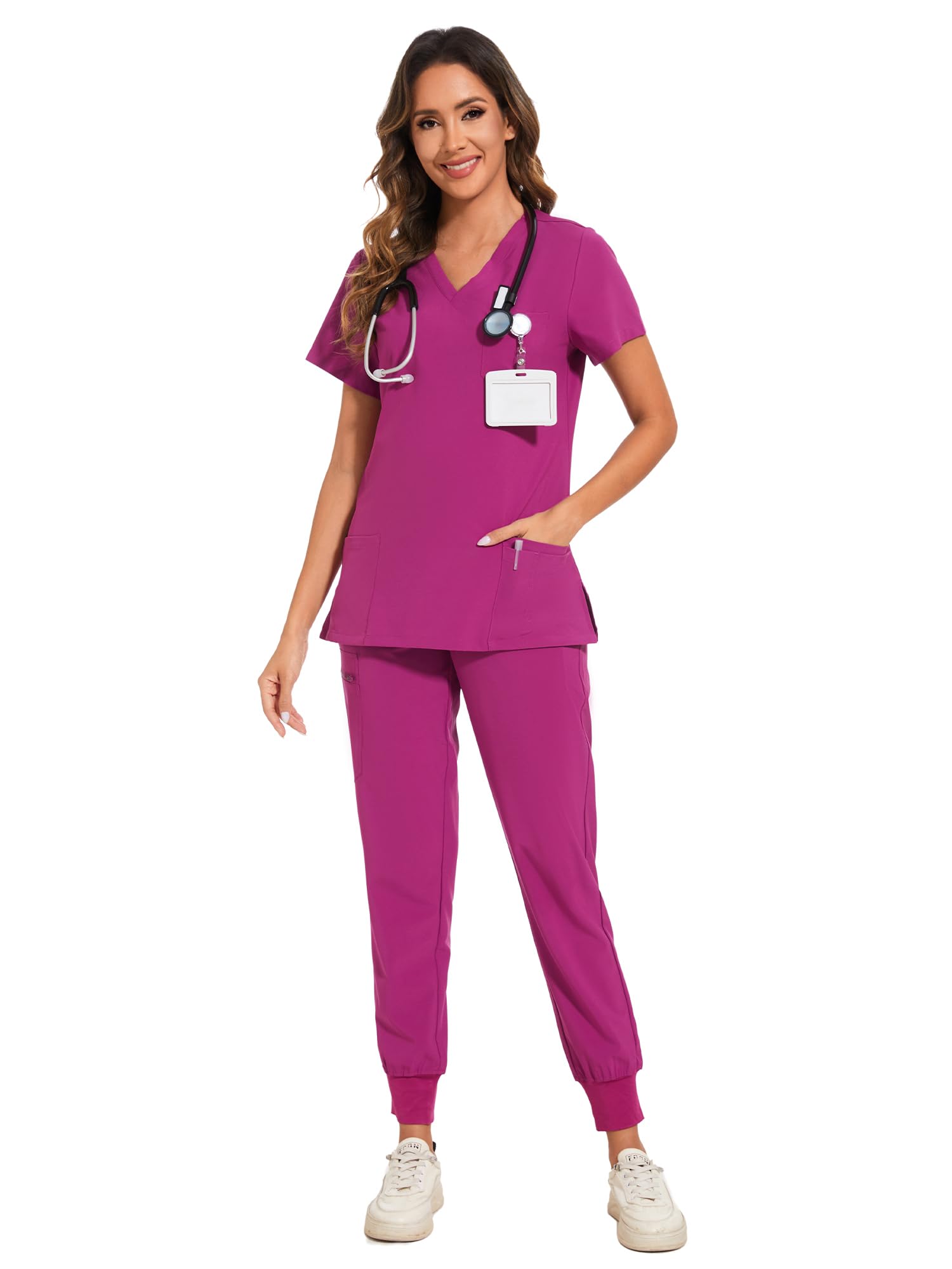 COZYFIT Scrubs for Women Set - Stretch V-Neck & Jogger Pant with 9 Pockets | Yoga Waistband, Water Resistant Workwear, Slim Fit Look, For Nurses, Clinics, Long Shifts, Daily Medical Uniforms