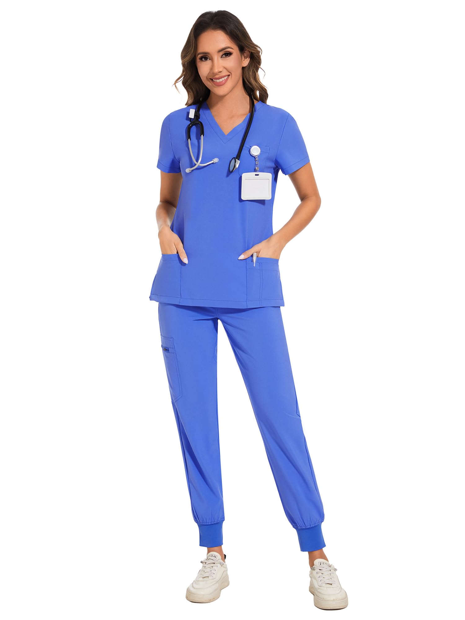 COZYFIT Scrubs for Women Set - Stretch V-Neck & Jogger Pant with 9 Pockets | Yoga Waistband, Water Resistant Workwear, Slim Fit Look, For Nurses, Clinics, Long Shifts, Daily Medical Uniforms
