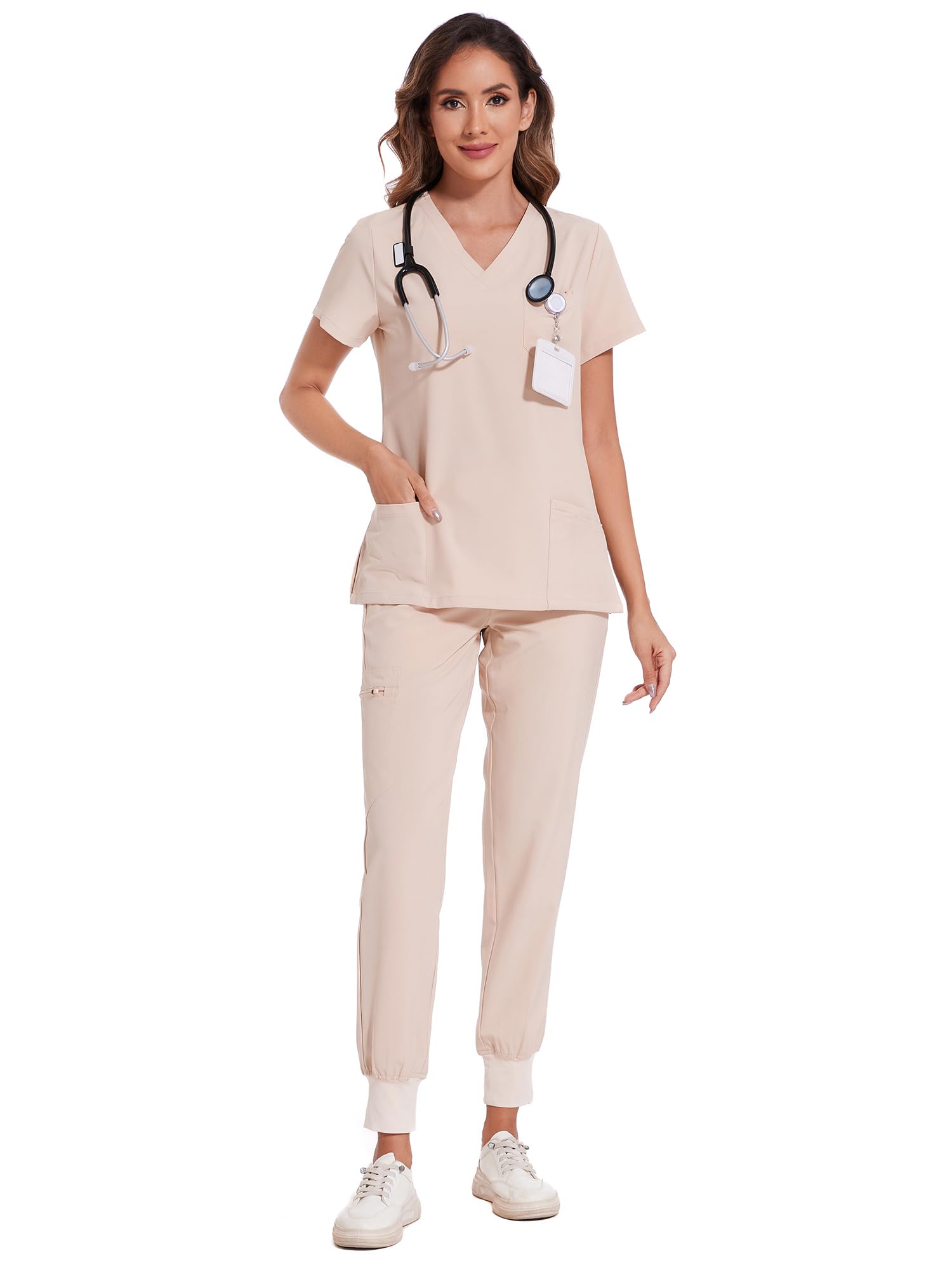 COZYFIT Scrubs for Women Set - Stretch V-Neck & Jogger Pant with 9 Pockets | Yoga Waistband, Water Resistant Workwear, Slim Fit Look, For Nurses, Clinics, Long Shifts, Daily Medical Uniforms