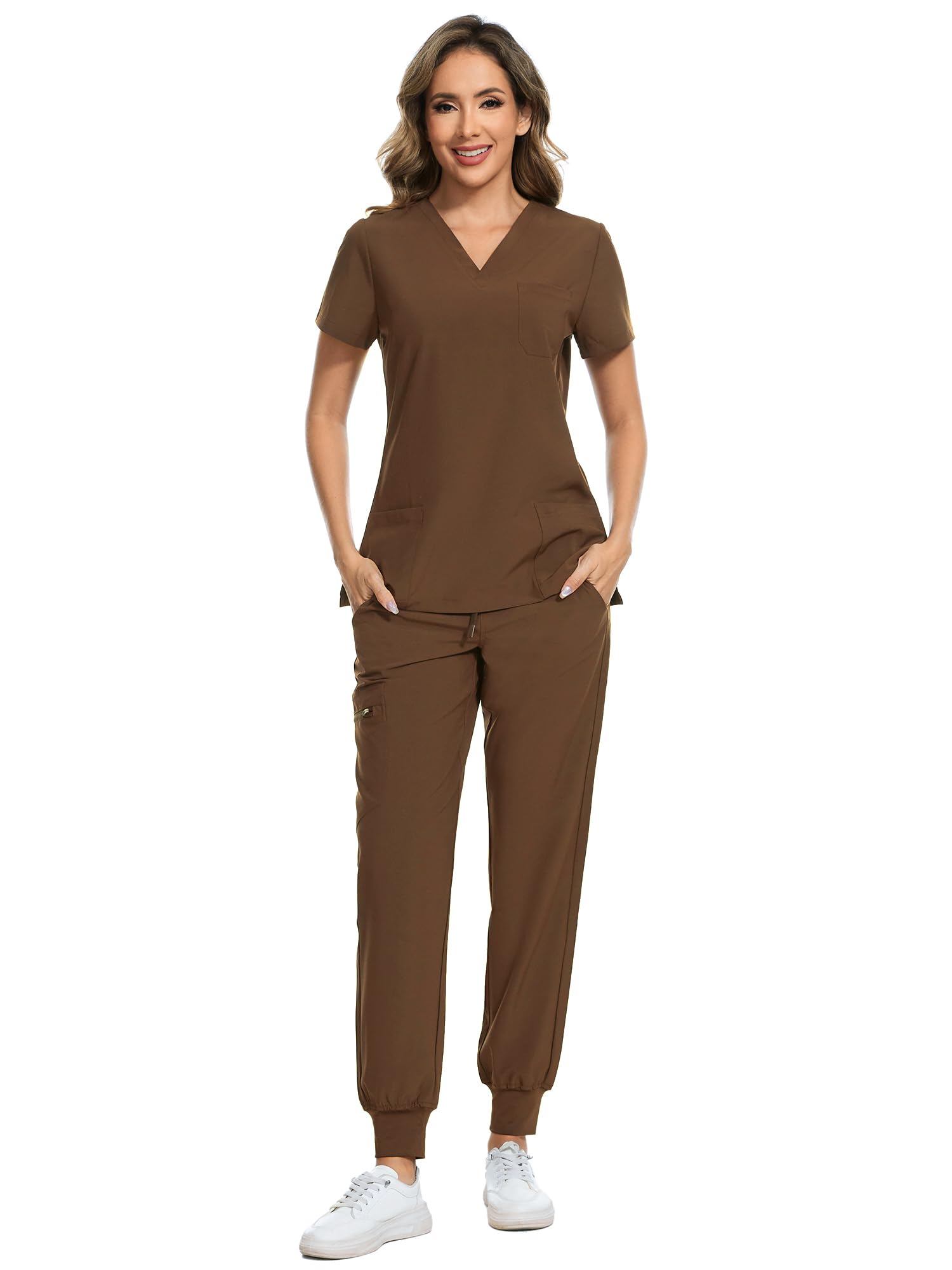 COZYFIT Scrubs for Women Set - Stretch V-Neck & Jogger Pant with 9 Pockets | Yoga Waistband, Water Resistant Workwear, Slim Fit Look, For Nurses, Clinics, Long Shifts, Daily Medical Uniforms