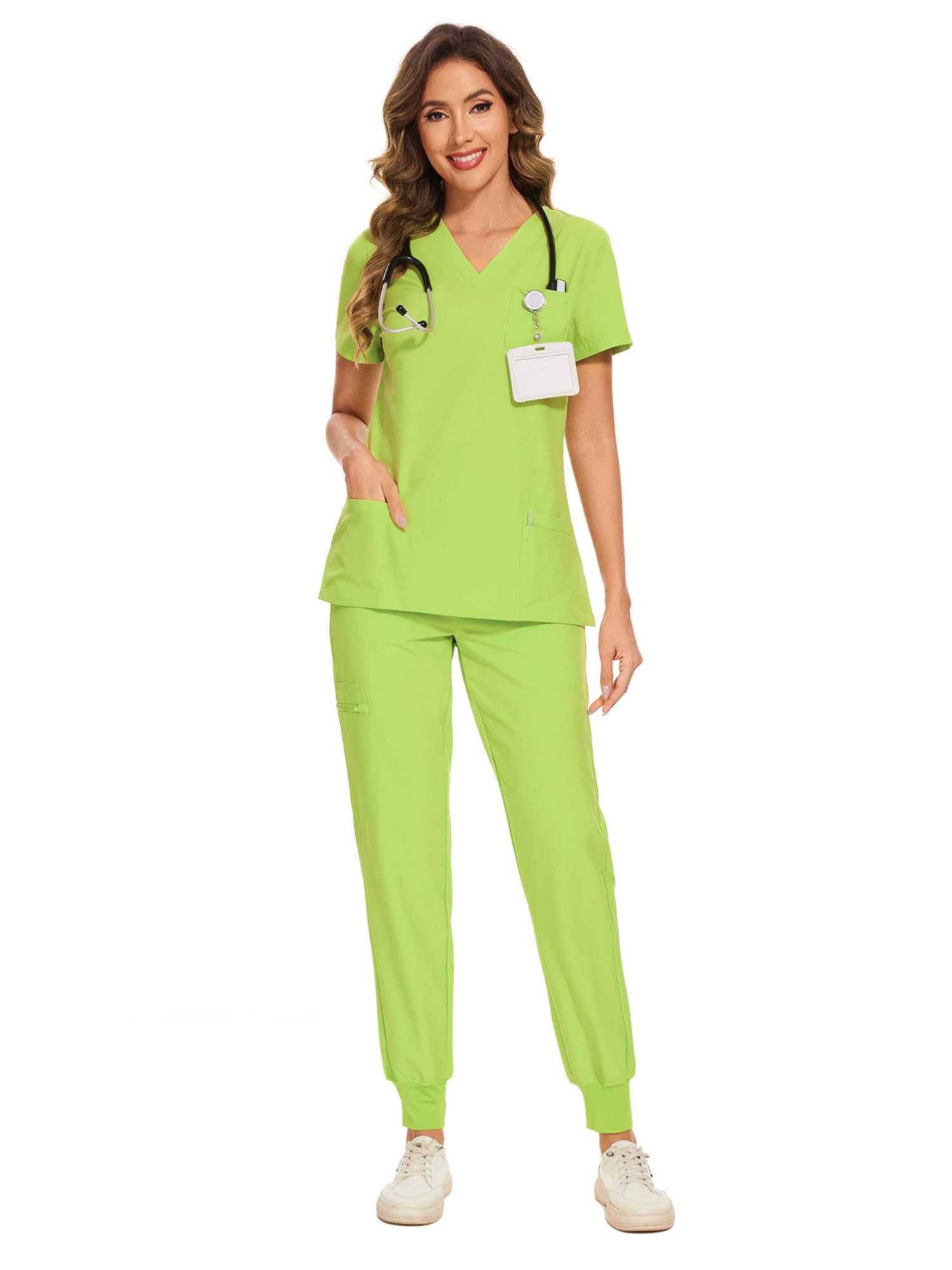 COZYFIT Scrubs for Women Set - Stretch V-Neck & Jogger Pant with 9 Pockets | Yoga Waistband, Water Resistant Workwear, Slim Fit Look, For Nurses, Clinics, Long Shifts, Daily Medical Uniforms