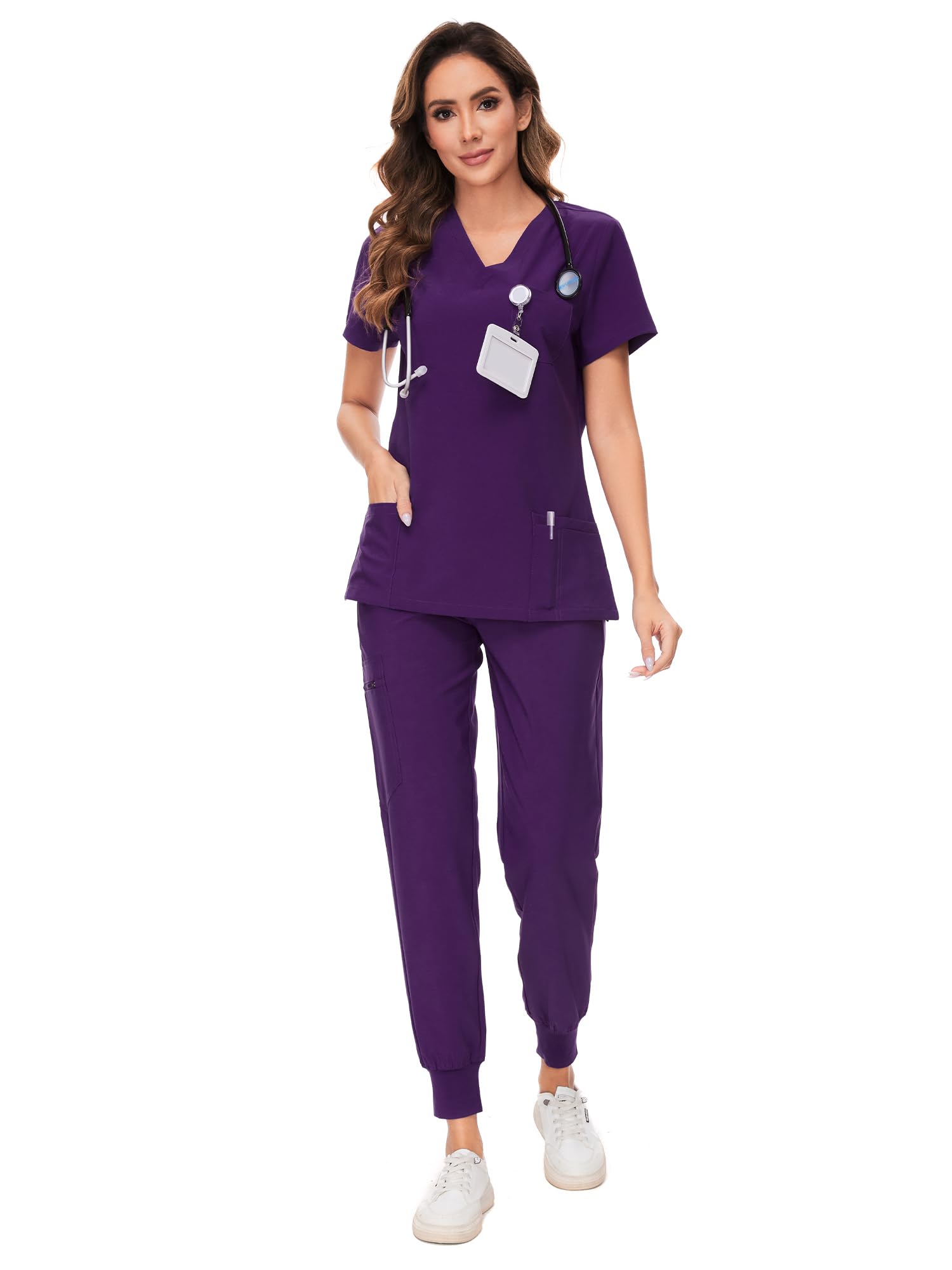 COZYFIT Scrubs for Women Set - Stretch V-Neck & Jogger Pant with 9 Pockets | Yoga Waistband, Water Resistant Workwear, Slim Fit Look, For Nurses, Clinics, Long Shifts, Daily Medical Uniforms