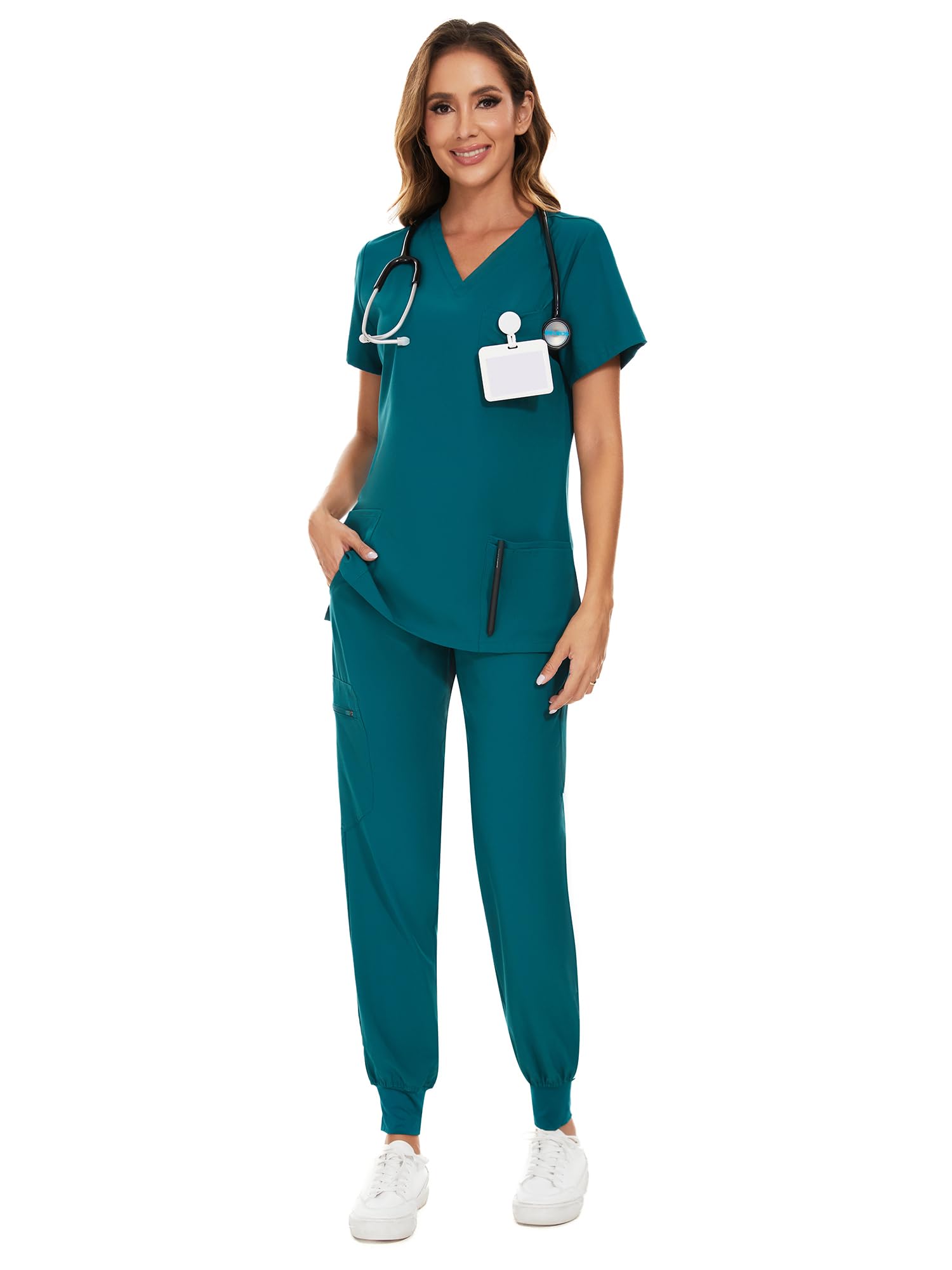 COZYFIT Scrubs for Women Set - Stretch V-Neck & Jogger Pant with 9 Pockets | Yoga Waistband, Water Resistant Workwear, Slim Fit Look, For Nurses, Clinics, Long Shifts, Daily Medical Uniforms