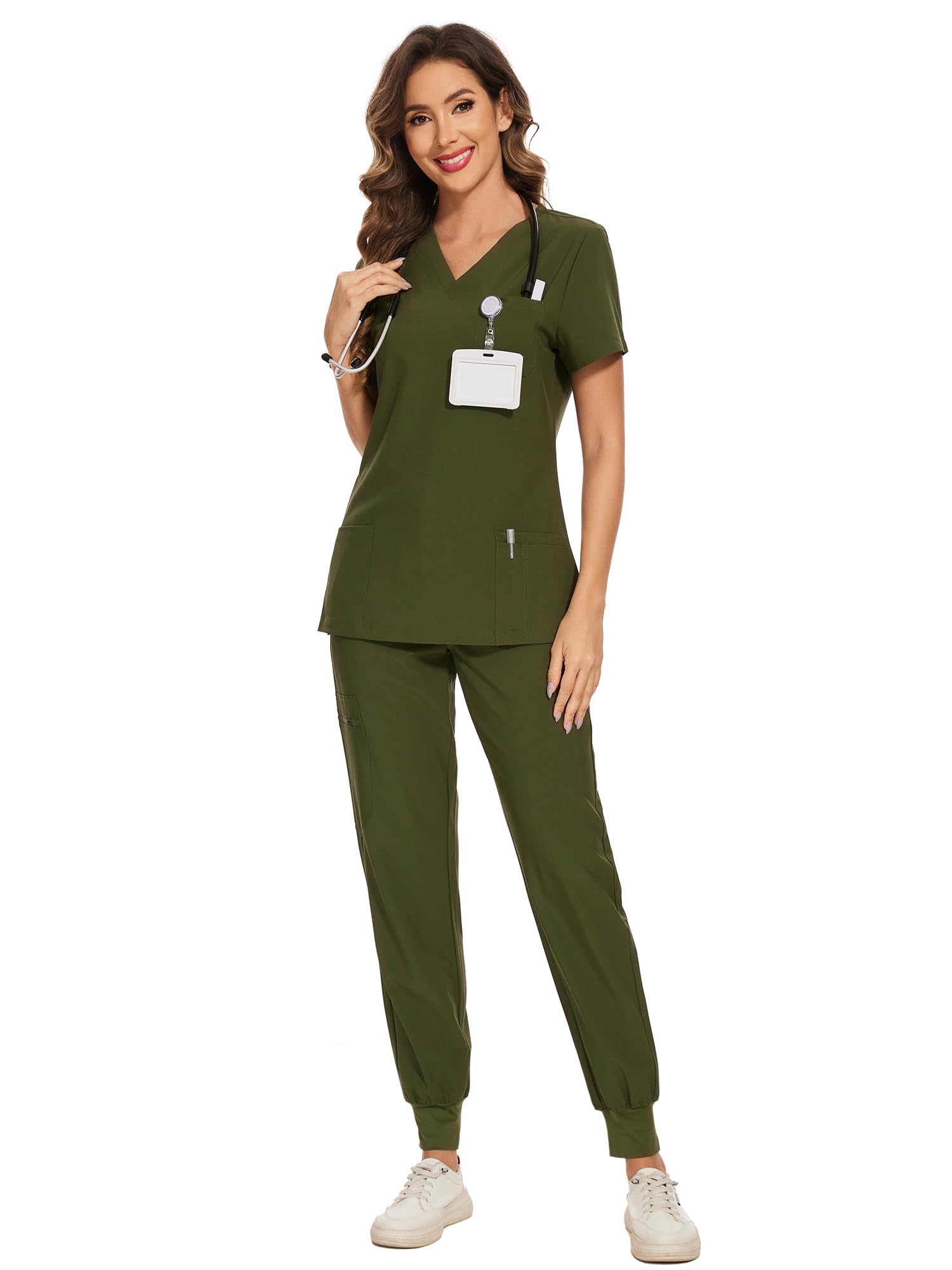 COZYFIT Scrubs for Women Set - Stretch V-Neck & Jogger Pant with 9 Pockets | Yoga Waistband, Water Resistant Workwear, Slim Fit Look, For Nurses, Clinics, Long Shifts, Daily Medical Uniforms