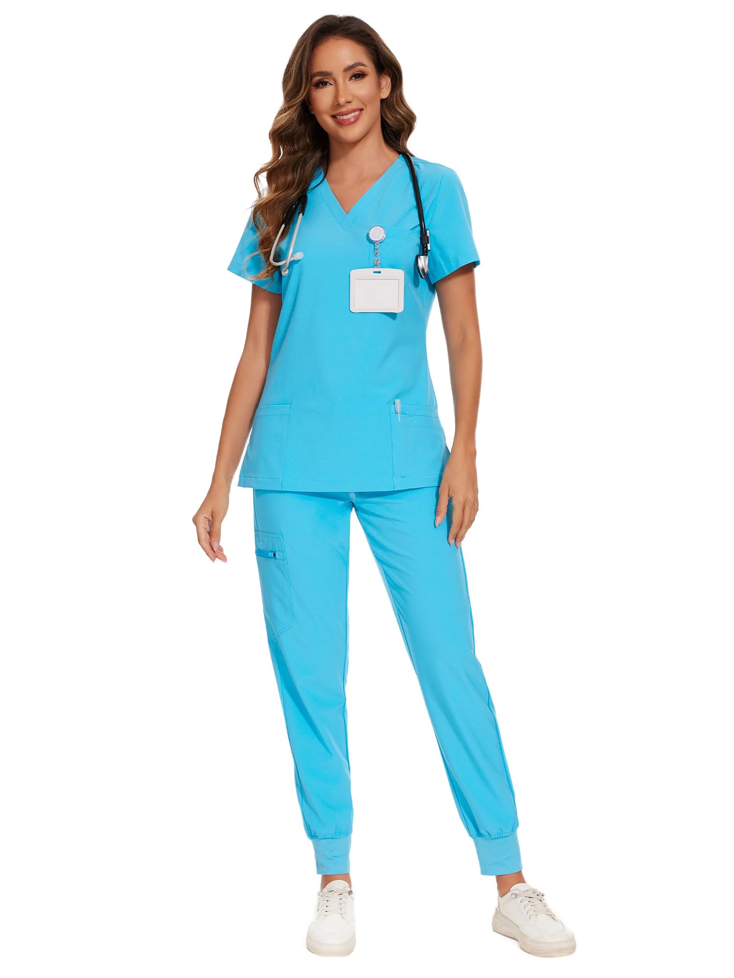 COZYFIT Scrubs for Women Set - Stretch V-Neck & Jogger Pant with 9 Pockets | Yoga Waistband, Water Resistant Workwear, Slim Fit Look, For Nurses, Clinics, Long Shifts, Daily Medical Uniforms
