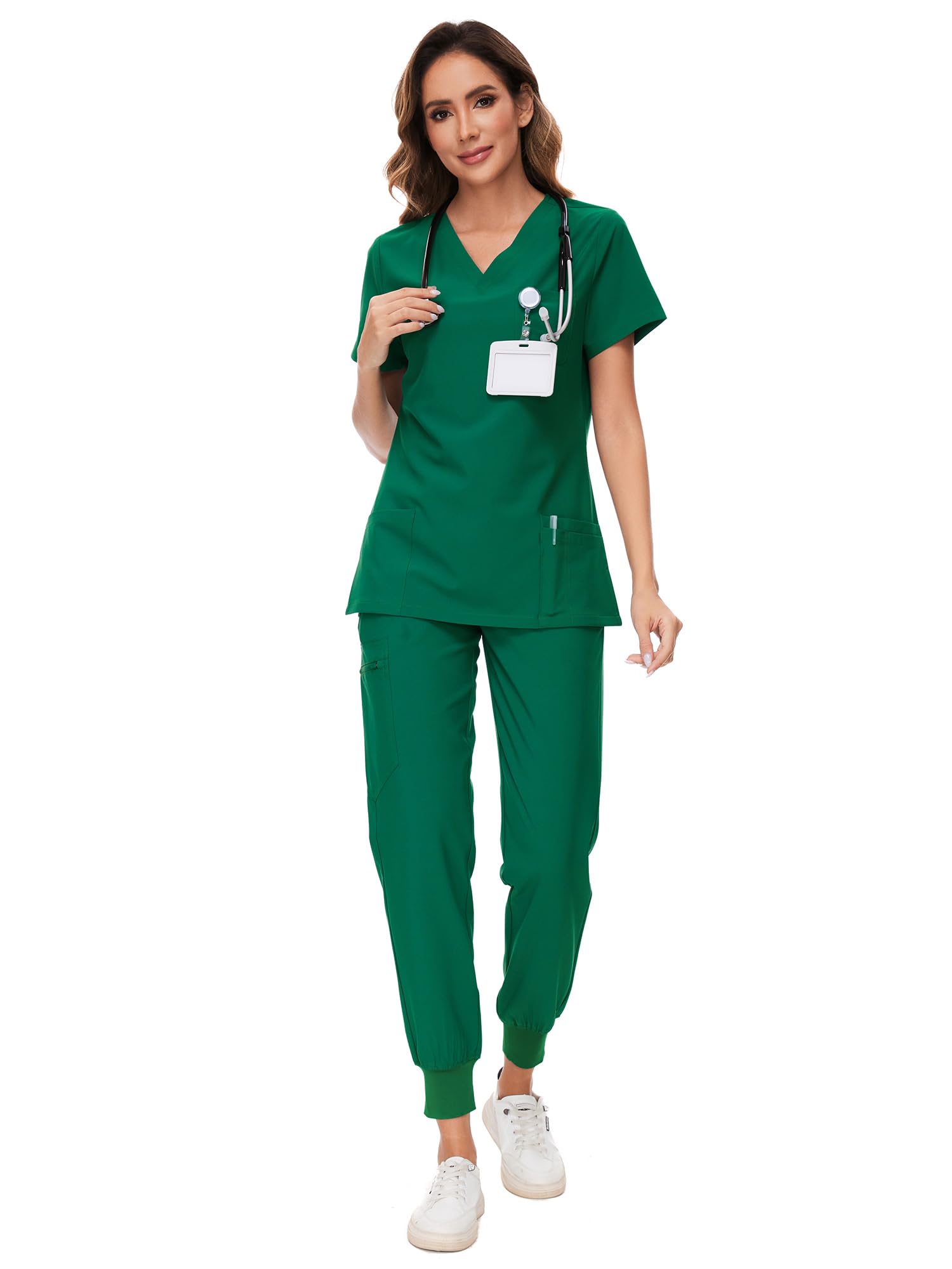 COZYFIT Scrubs for Women Set - Stretch V-Neck & Jogger Pant with 9 Pockets | Yoga Waistband, Water Resistant Workwear, Slim Fit Look, For Nurses, Clinics, Long Shifts, Daily Medical Uniforms