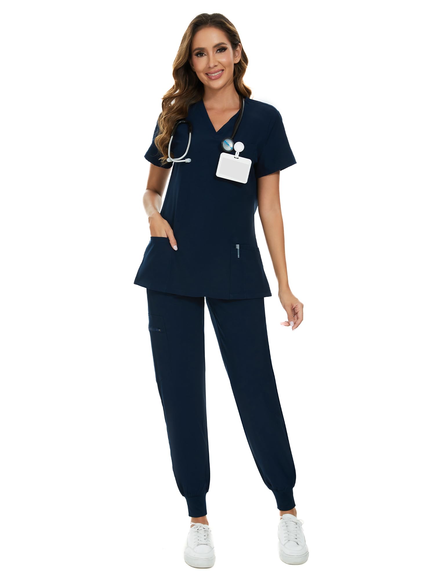 COZYFIT Scrubs for Women Set - Stretch V-Neck & Jogger Pant with 9 Pockets | Yoga Waistband, Water Resistant Workwear, Slim Fit Look, For Nurses, Clinics, Long Shifts, Daily Medical Uniforms