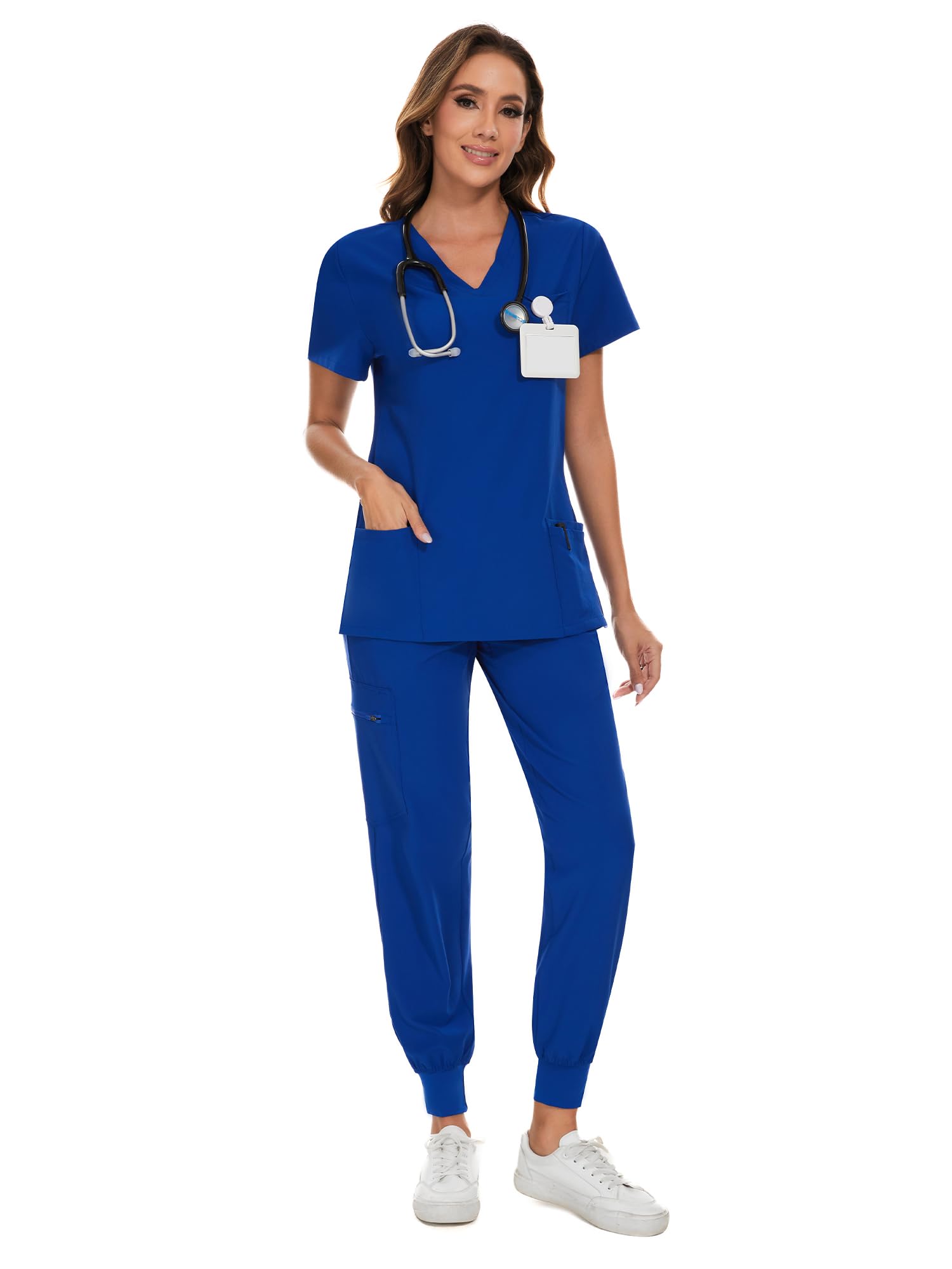 COZYFIT Scrubs for Women Set - Stretch V-Neck & Jogger Pant with 9 Pockets | Yoga Waistband, Water Resistant Workwear, Slim Fit Look, For Nurses, Clinics, Long Shifts, Daily Medical Uniforms