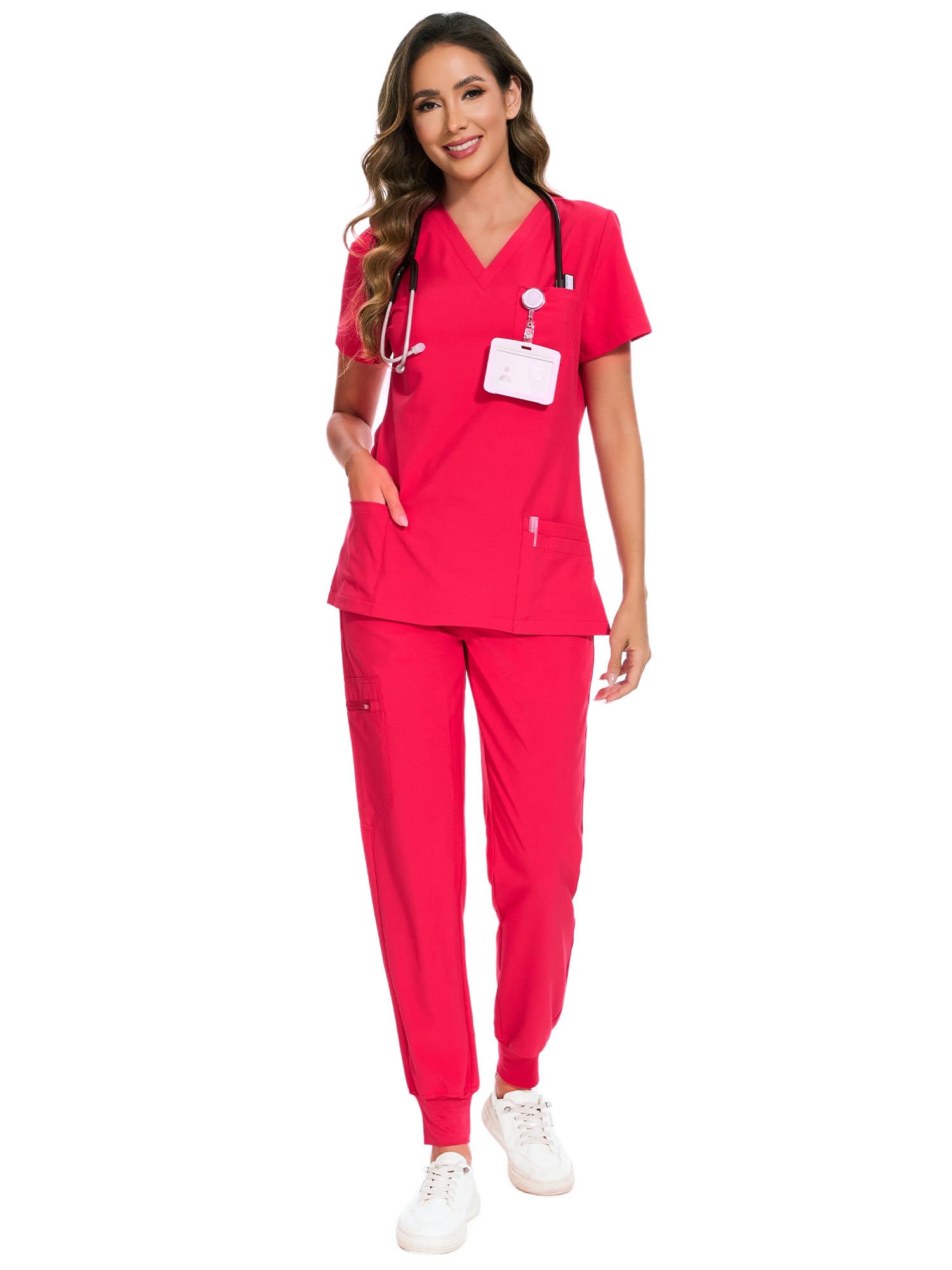COZYFIT Scrubs for Women Set - Stretch V-Neck & Jogger Pant with 9 Pockets | Yoga Waistband, Water Resistant Workwear, Slim Fit Look, For Nurses, Clinics, Long Shifts, Daily Medical Uniforms