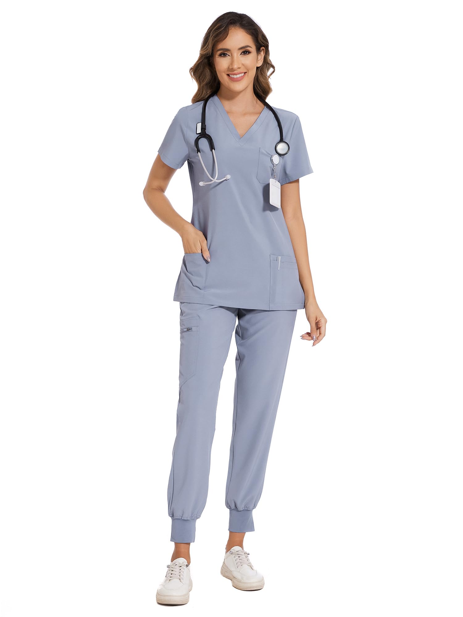 COZYFIT Scrubs for Women Set - Stretch V-Neck & Jogger Pant with 9 Pockets | Yoga Waistband, Water Resistant Workwear, Slim Fit Look, For Nurses, Clinics, Long Shifts, Daily Medical Uniforms