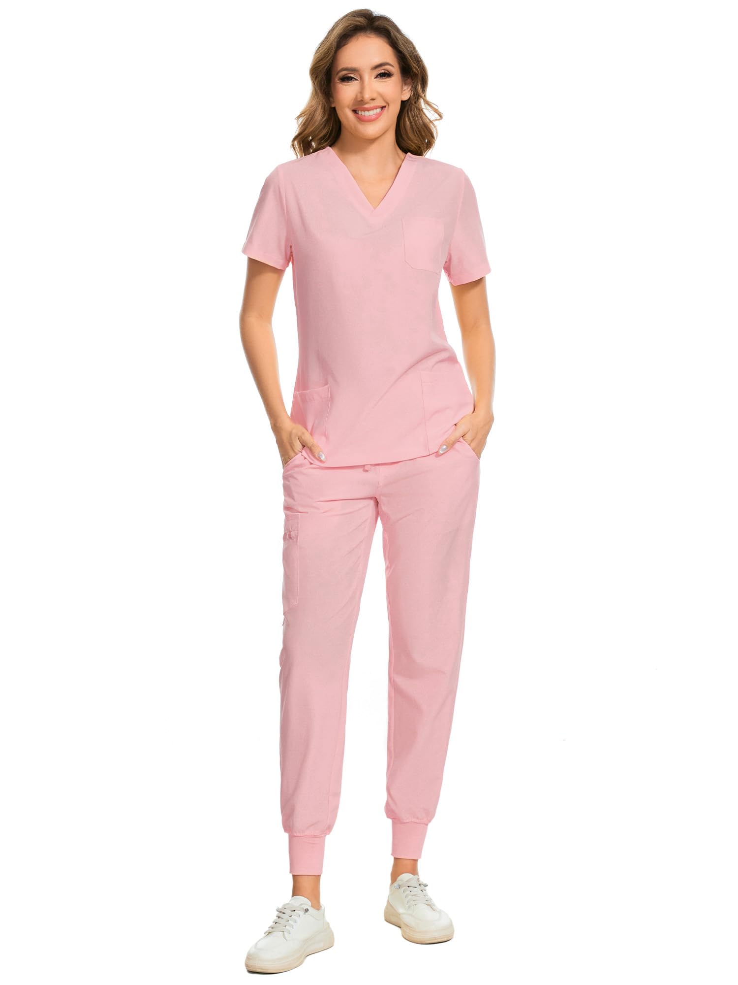 COZYFIT Scrubs for Women Set - Stretch V-Neck & Jogger Pant with 9 Pockets | Yoga Waistband, Water Resistant Workwear, Slim Fit Look, For Nurses, Clinics, Long Shifts, Daily Medical Uniforms