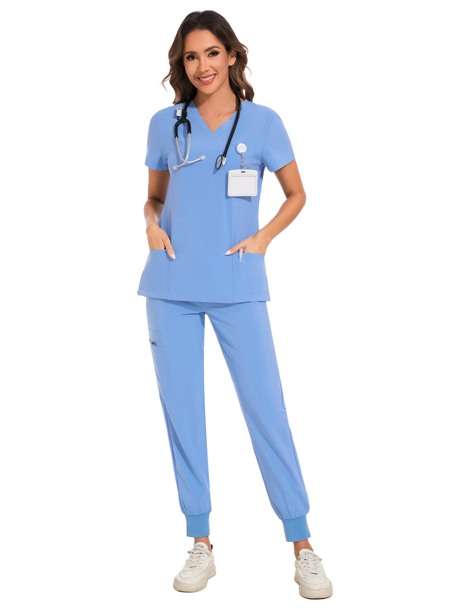 COZYFIT Scrubs for Women Set - Stretch V-Neck & Jogger Pant with 9 Pockets | Yoga Waistband, Water Resistant Workwear, Slim Fit Look, For Nurses, Clinics, Long Shifts, Daily Medical Uniforms