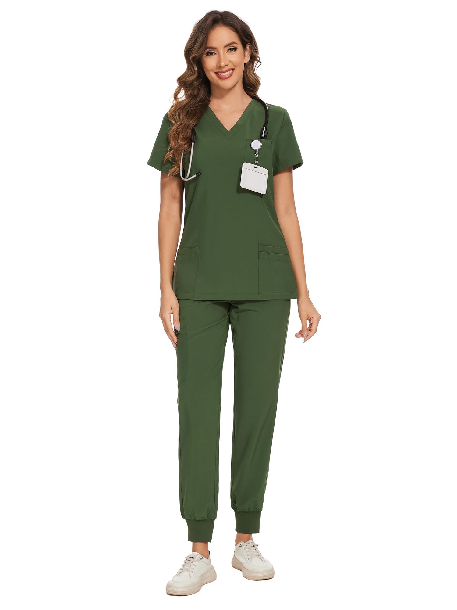 COZYFIT Scrubs for Women Set - Stretch V-Neck & Jogger Pant with 9 Pockets | Yoga Waistband, Water Resistant Workwear, Slim Fit Look, For Nurses, Clinics, Long Shifts, Daily Medical Uniforms