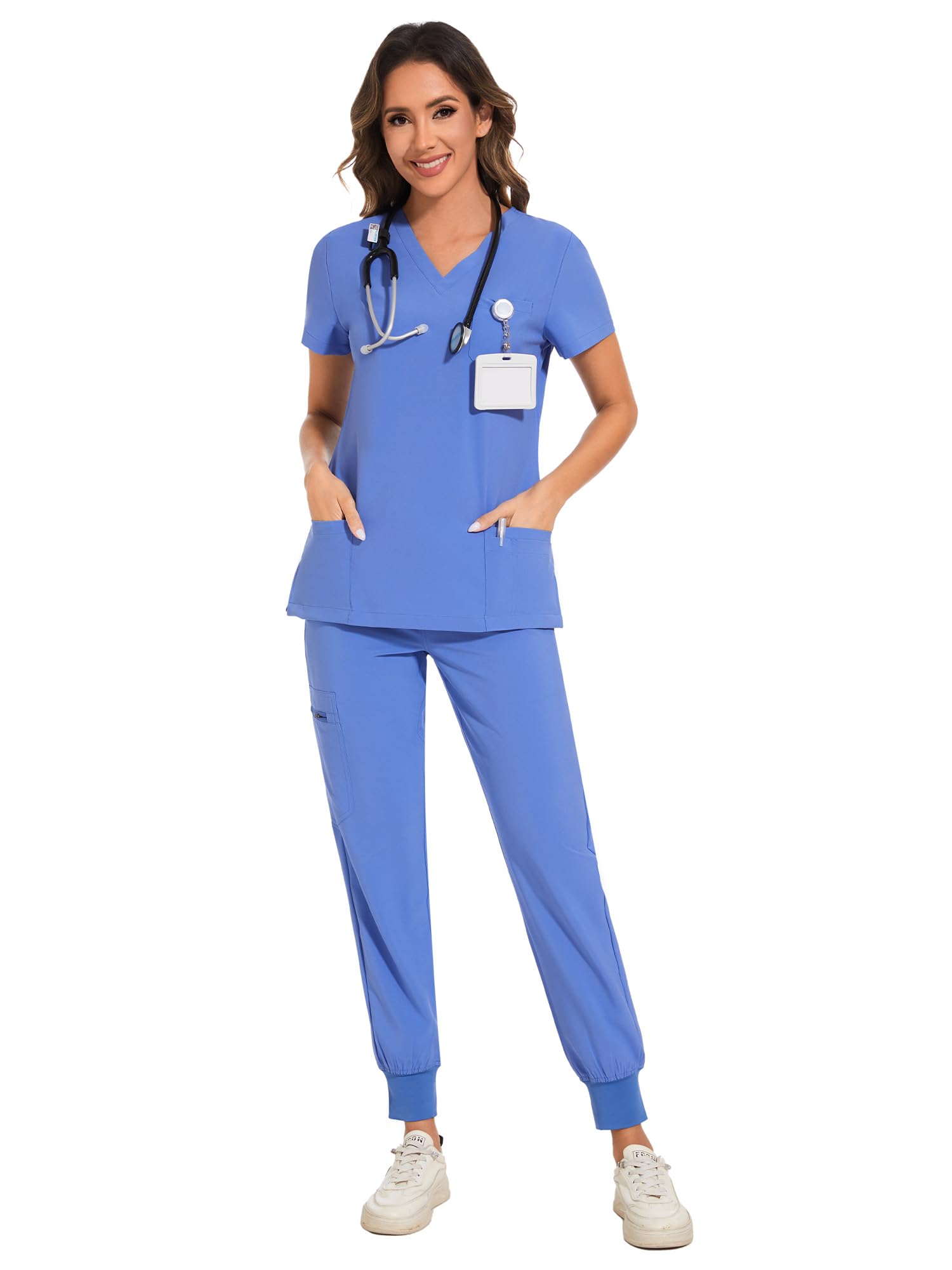 COZYFIT Scrubs for Women Set - Stretch V-Neck & Jogger Pant with 9 Pockets | Yoga Waistband, Water Resistant Workwear, Slim Fit Look, For Nurses, Clinics, Long Shifts, Daily Medical Uniforms