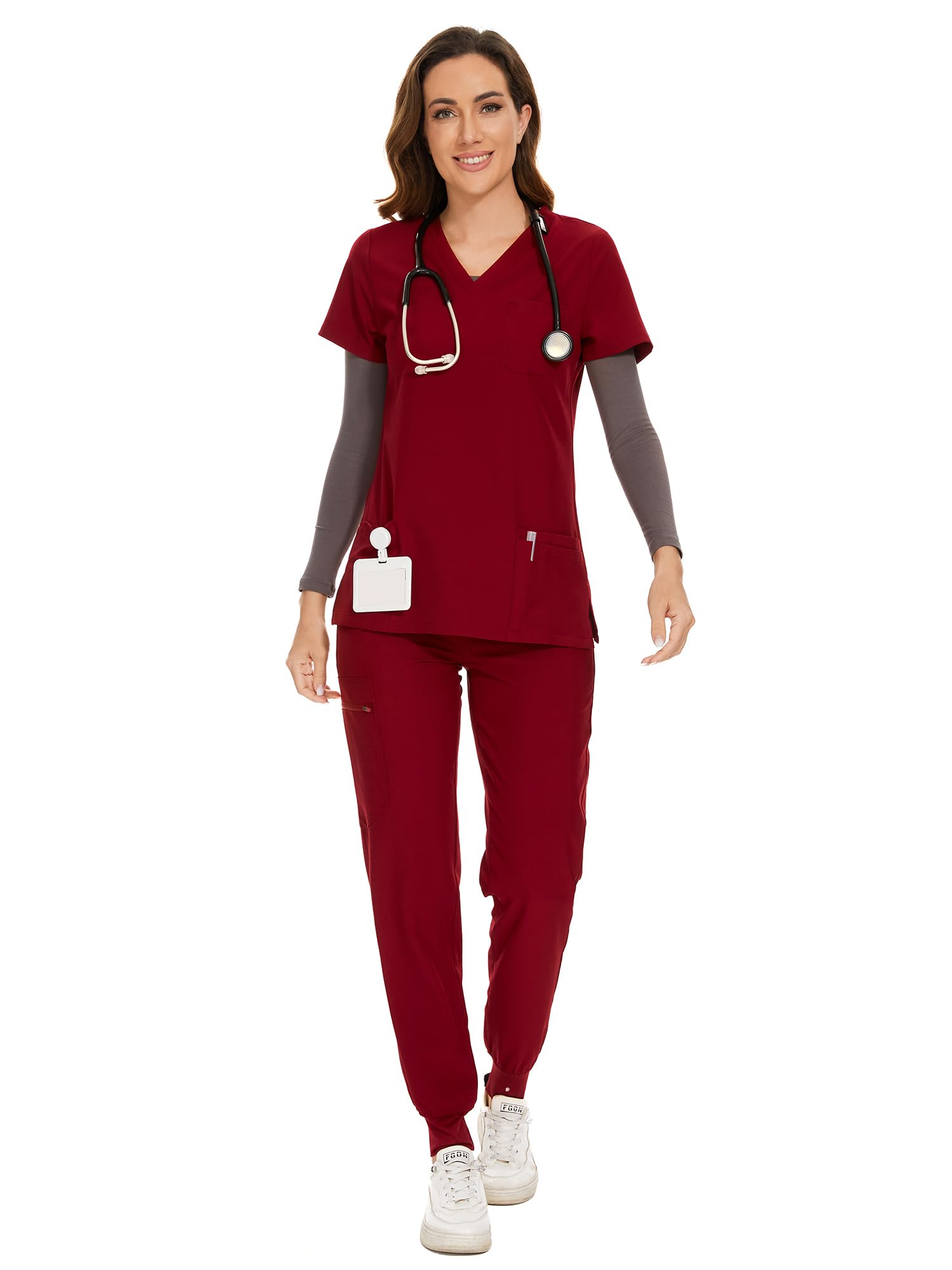 COZYFIT Scrubs for Women Set - Stretch V-Neck & Jogger Pant with 9 Pockets | Yoga Waistband, Water Resistant Workwear, Slim Fit Look, For Nurses, Clinics, Long Shifts, Daily Medical Uniforms