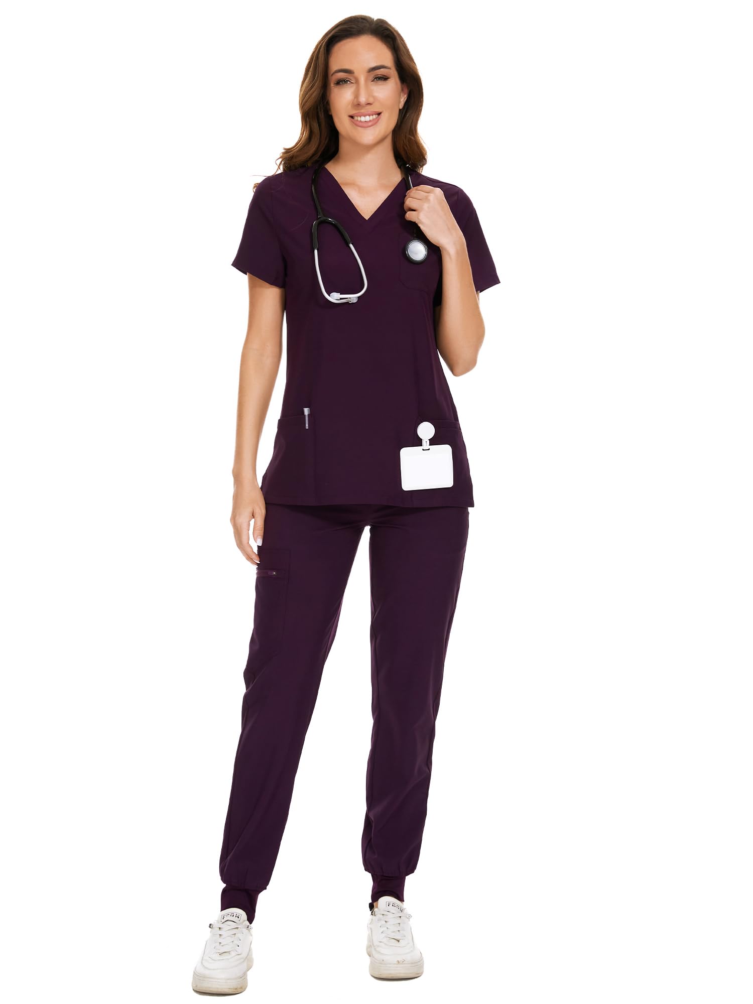 COZYFIT Scrubs for Women Set - Stretch V-Neck & Jogger Pant with 9 Pockets | Yoga Waistband, Water Resistant Workwear, Slim Fit Look, For Nurses, Clinics, Long Shifts, Daily Medical Uniforms