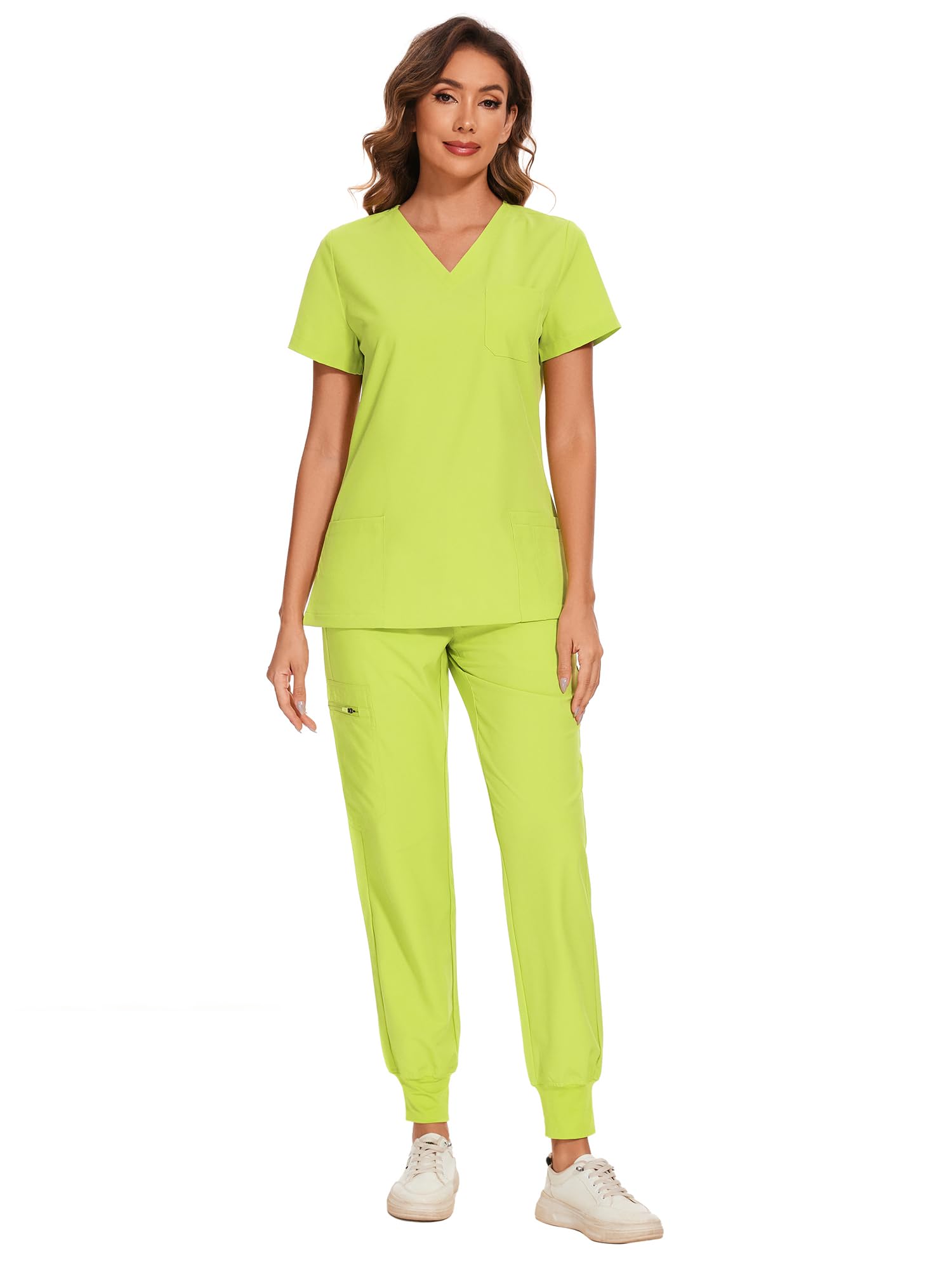 COZYFIT Scrubs for Women Set - Stretch V-Neck & Jogger Pant with 9 Pockets | Yoga Waistband, Water Resistant Workwear, Slim Fit Look, For Nurses, Clinics, Long Shifts, Daily Medical Uniforms