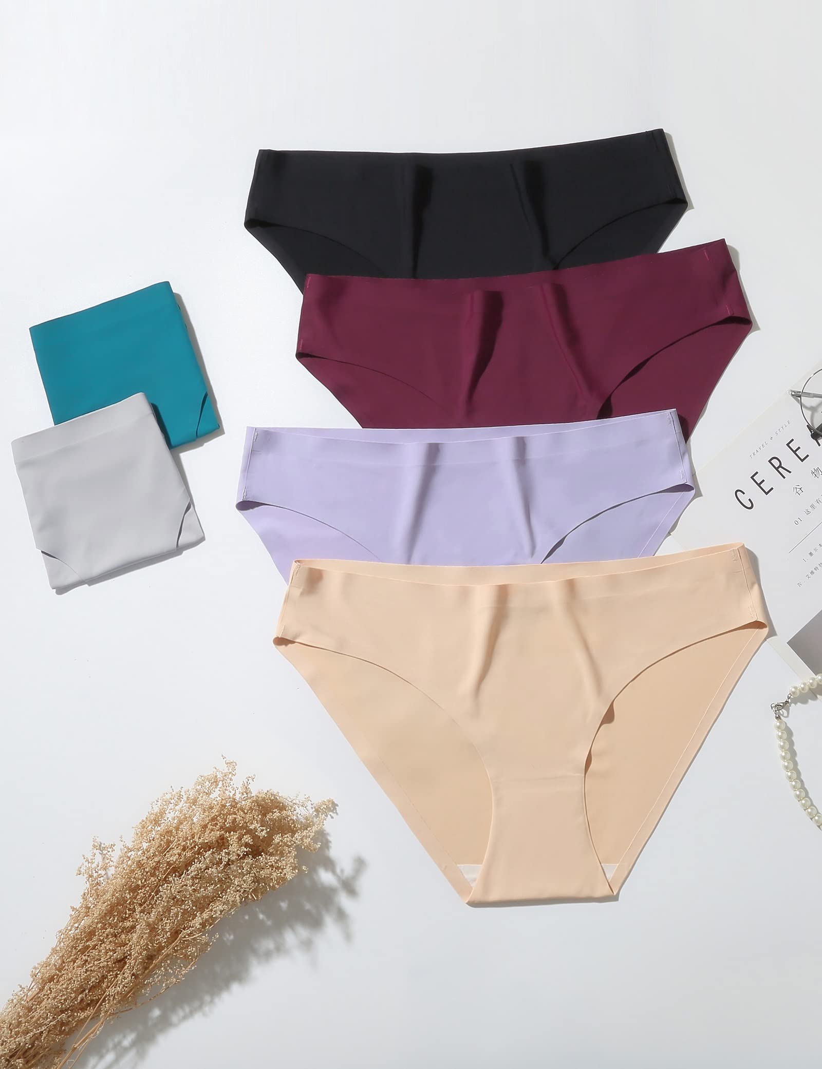 Caterlove Women's Seamless Underwear No Show Bikini Panties 6 Pack | Invisible Breathable Comfortable Briefs, Soft Stretchy Silky Touch Fabric, Low Rise Hipster for Gym Work Daily