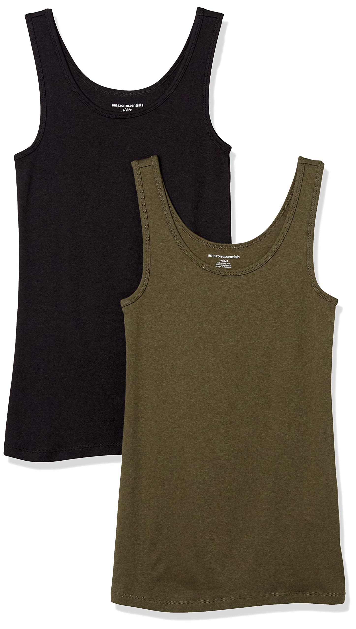 Amazon Essentials Women's Slim-Fit Ribbed Scoop Neck Tank Tops, Pack of 2